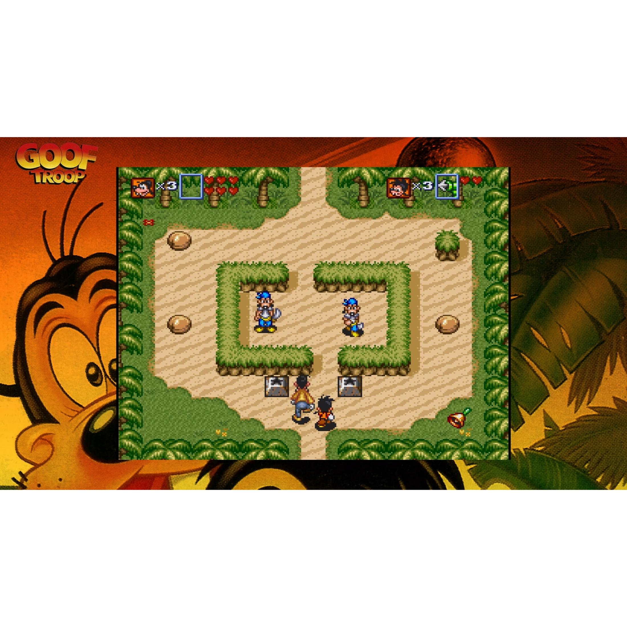 Goof Troop: Due personaggi in blu su sabbia circondati da erba verde.