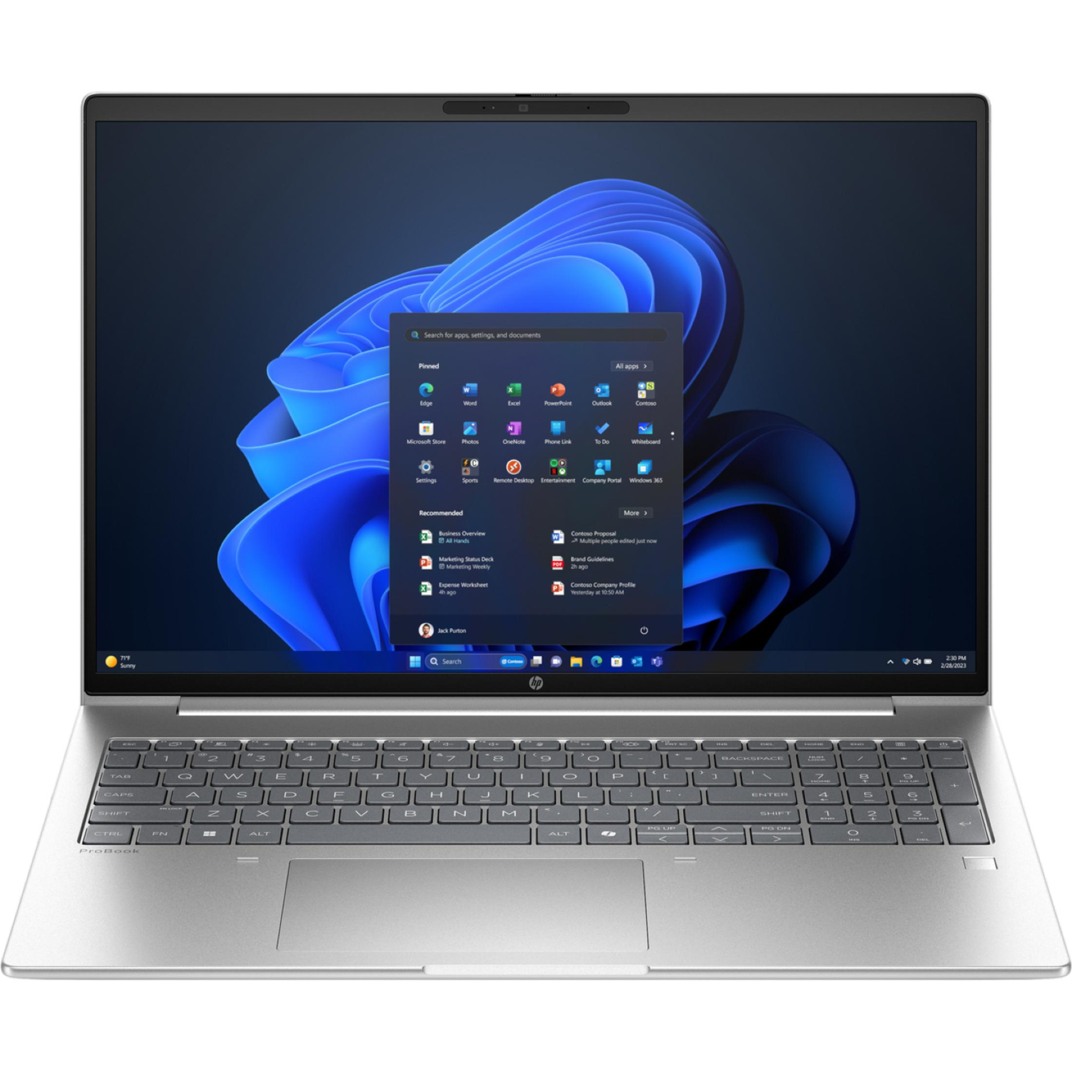 Een zilveren HP ProBook laptop open, met het Windows 11 startmenu.