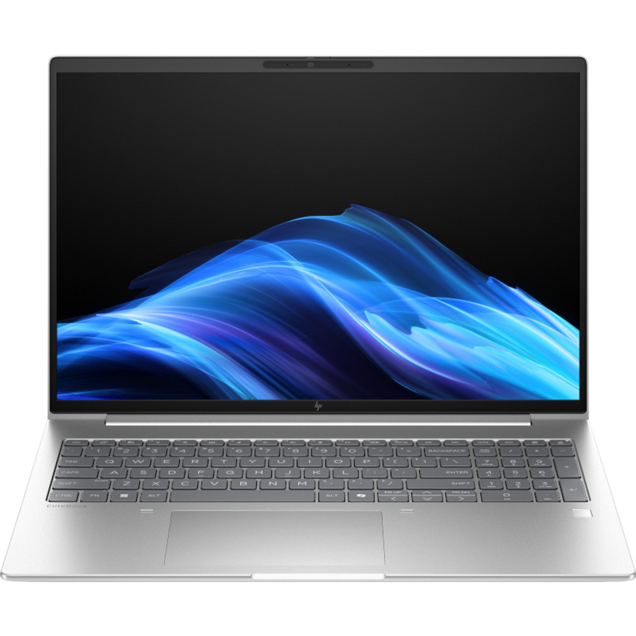 Een zilveren laptop met een abstracte blauwe en paarse achtergrond op het scherm.