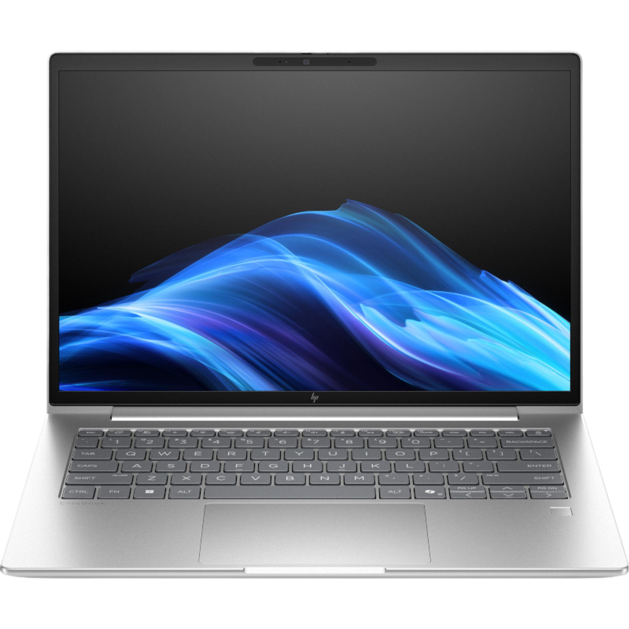 Een zilveren HP EliteBook laptop met een blauw abstracte achtergrondafbeelding.