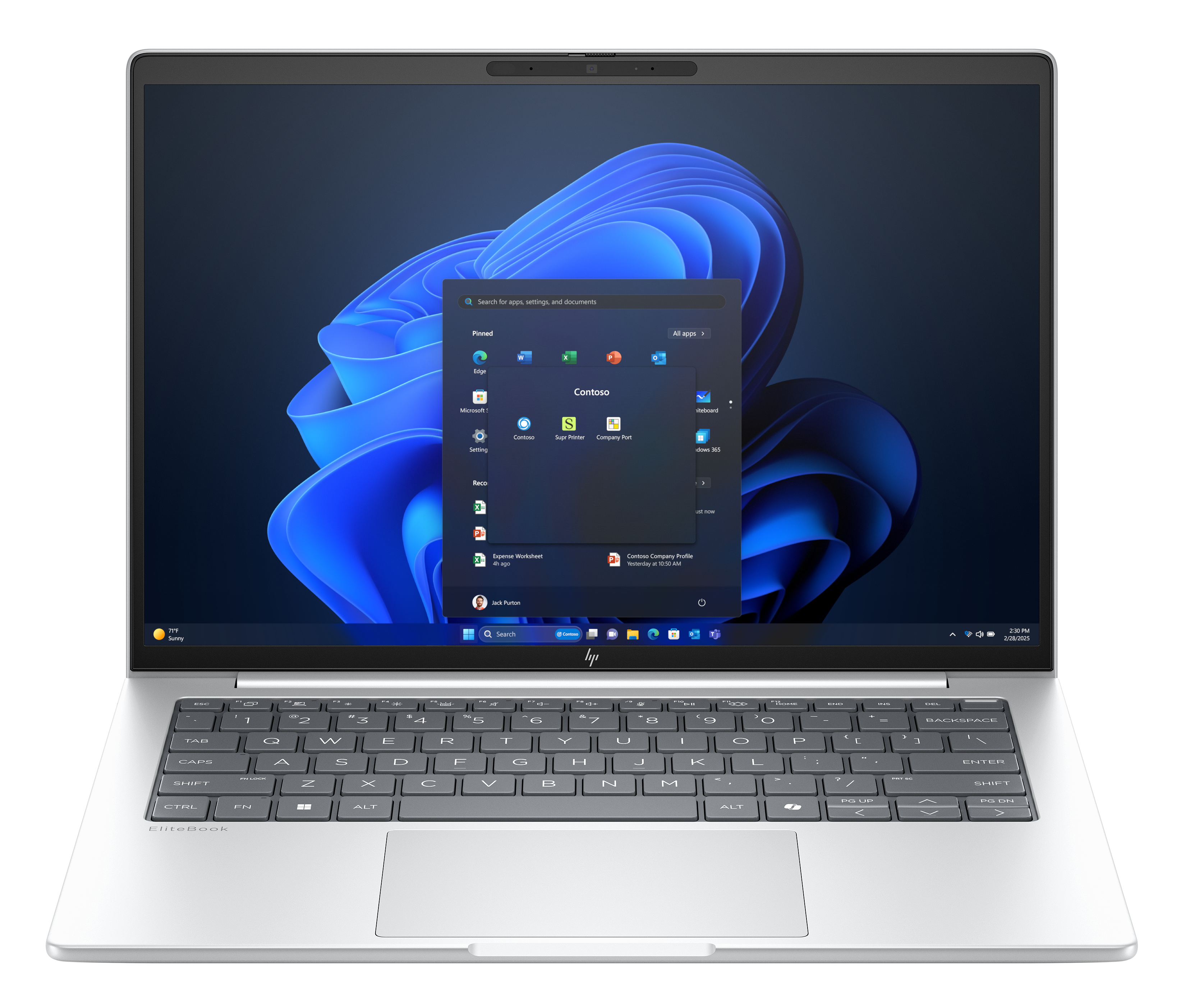 Een zilveren laptop met Windows 11, het startmenu is geopend.