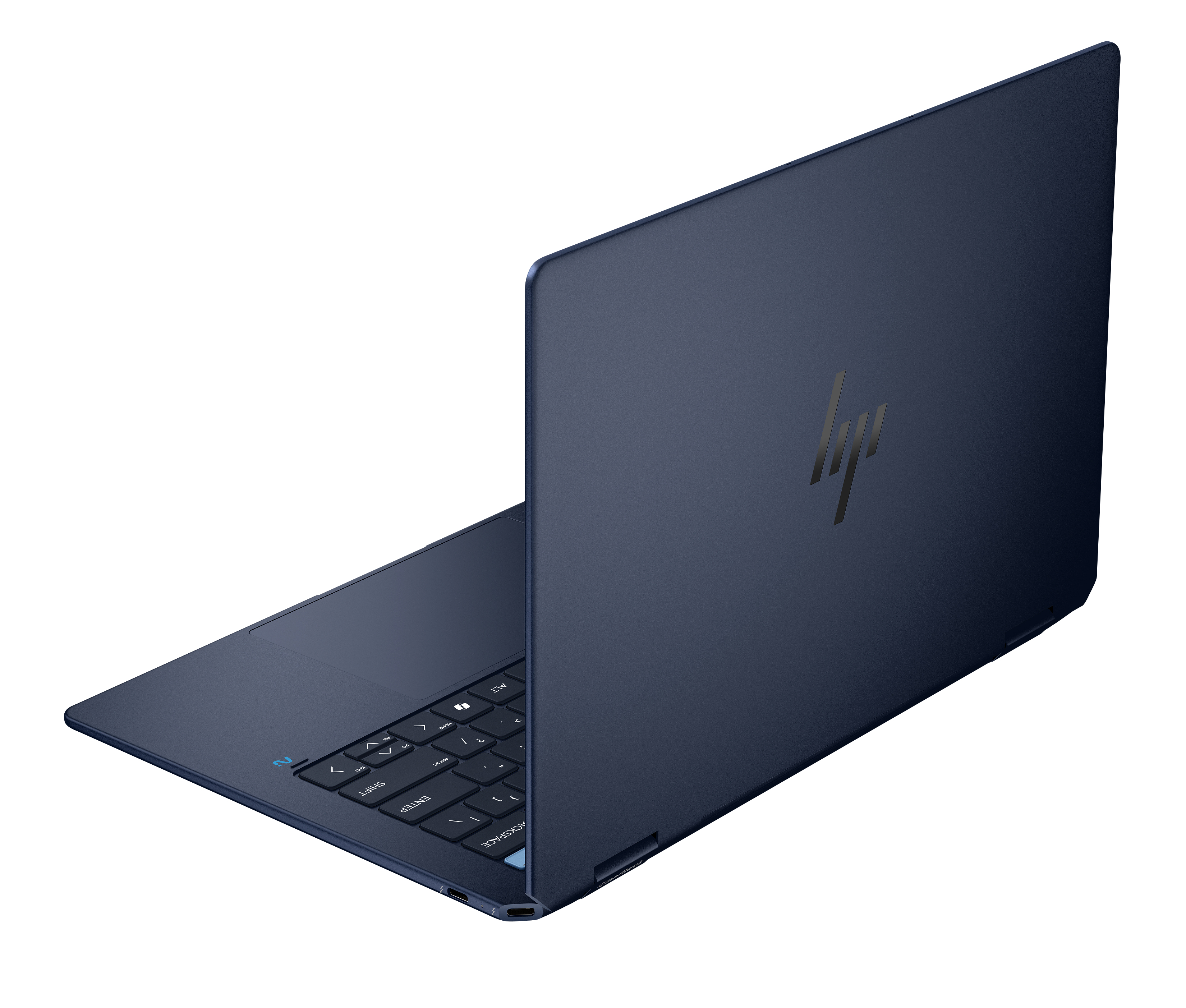 Een donkerblauwe HP laptop met verlicht toetsenbord en HP logo.