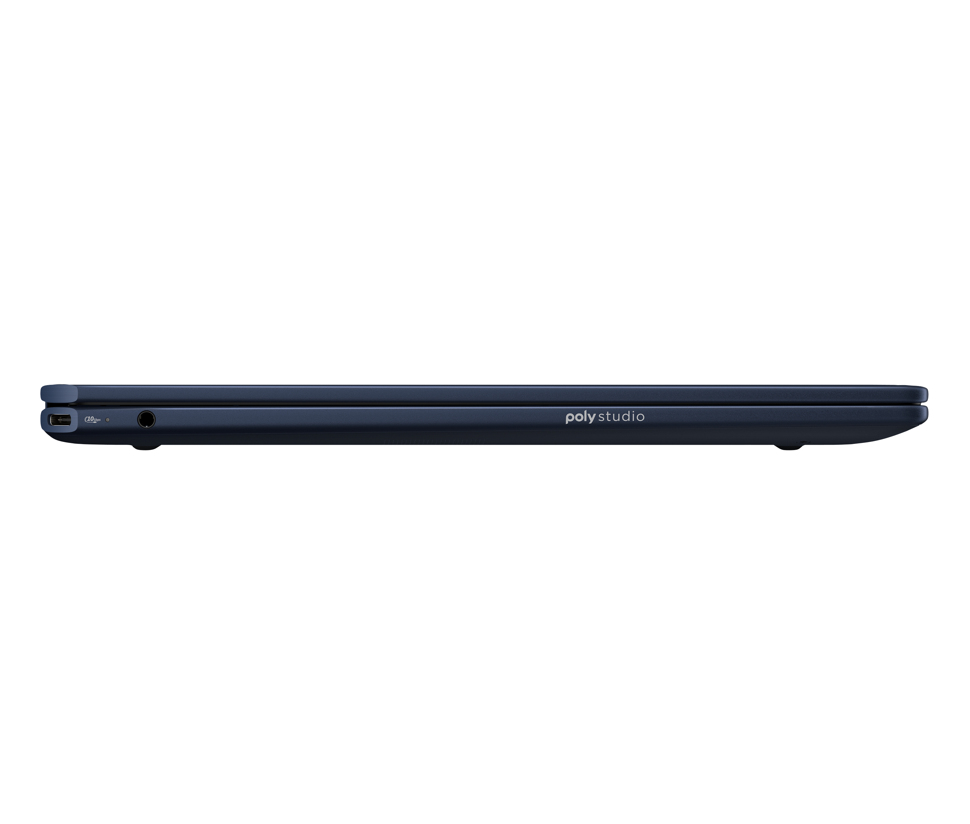 Donkerblauwe Poly Studio laptop van de zijkant, met USB-C en koptelefoonaansluiting.