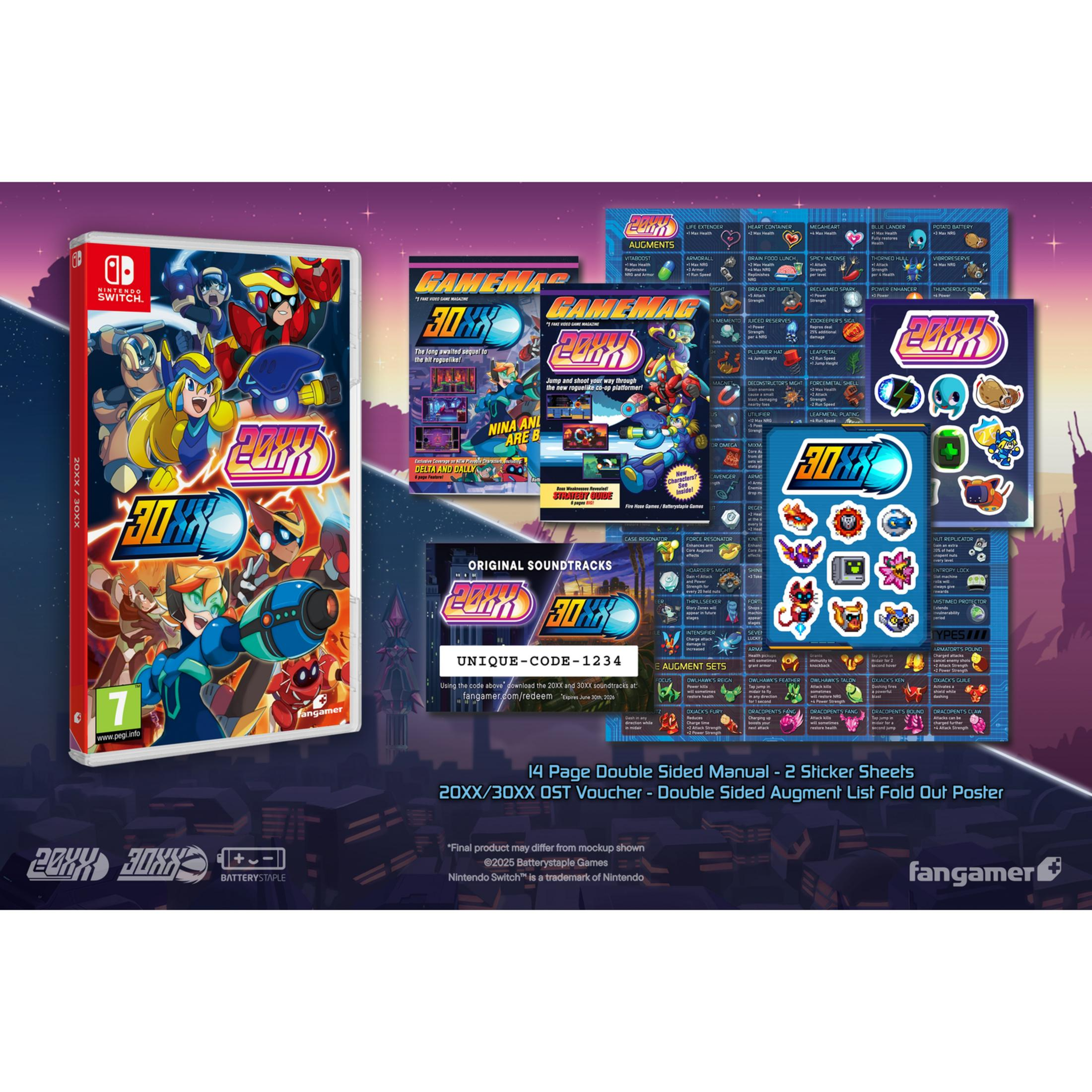 Portada del juego Nintendo Switch con personajes, logos y pegatinas. Fondo estrellado.