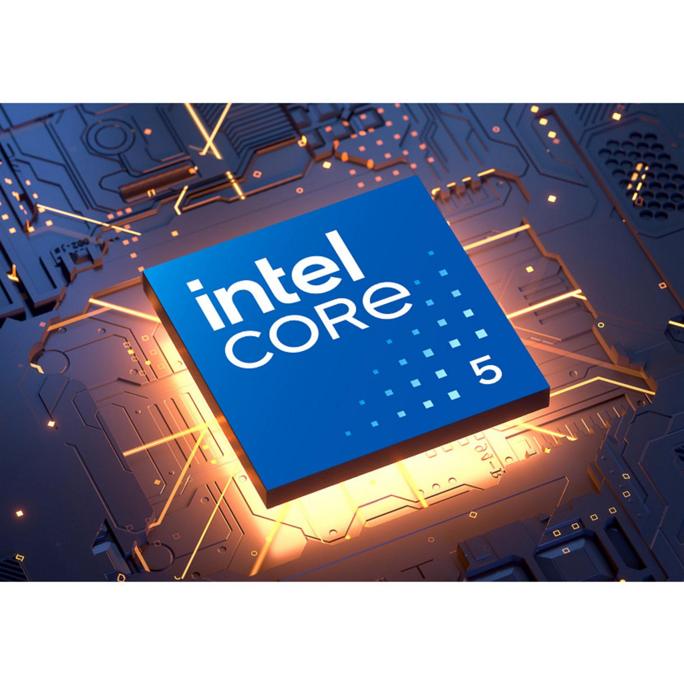 Een blauwe Intel Core i5 processor op een donkere, verlichte printplaat.