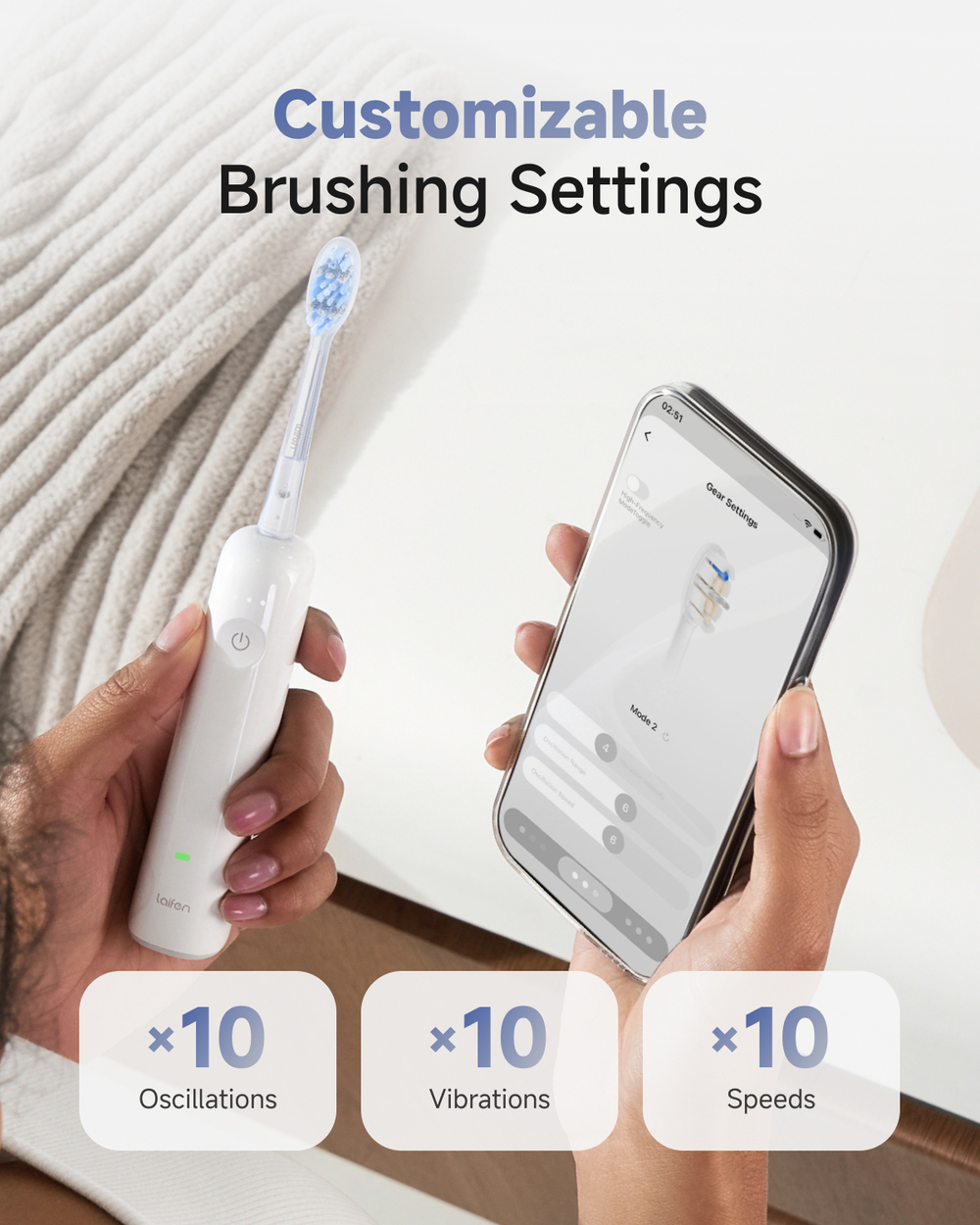 Brosse à dents électrique blanche avec contrôle d'application montrant 10 oscillations, vibrations et vitesses.
