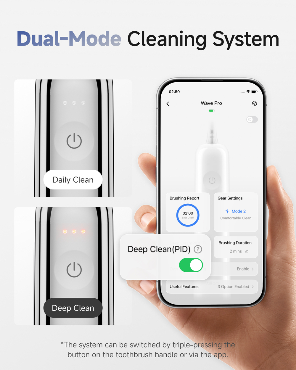 Close-up of a smartphone showing a toothbrush app, with two toothbrush modes displayed.