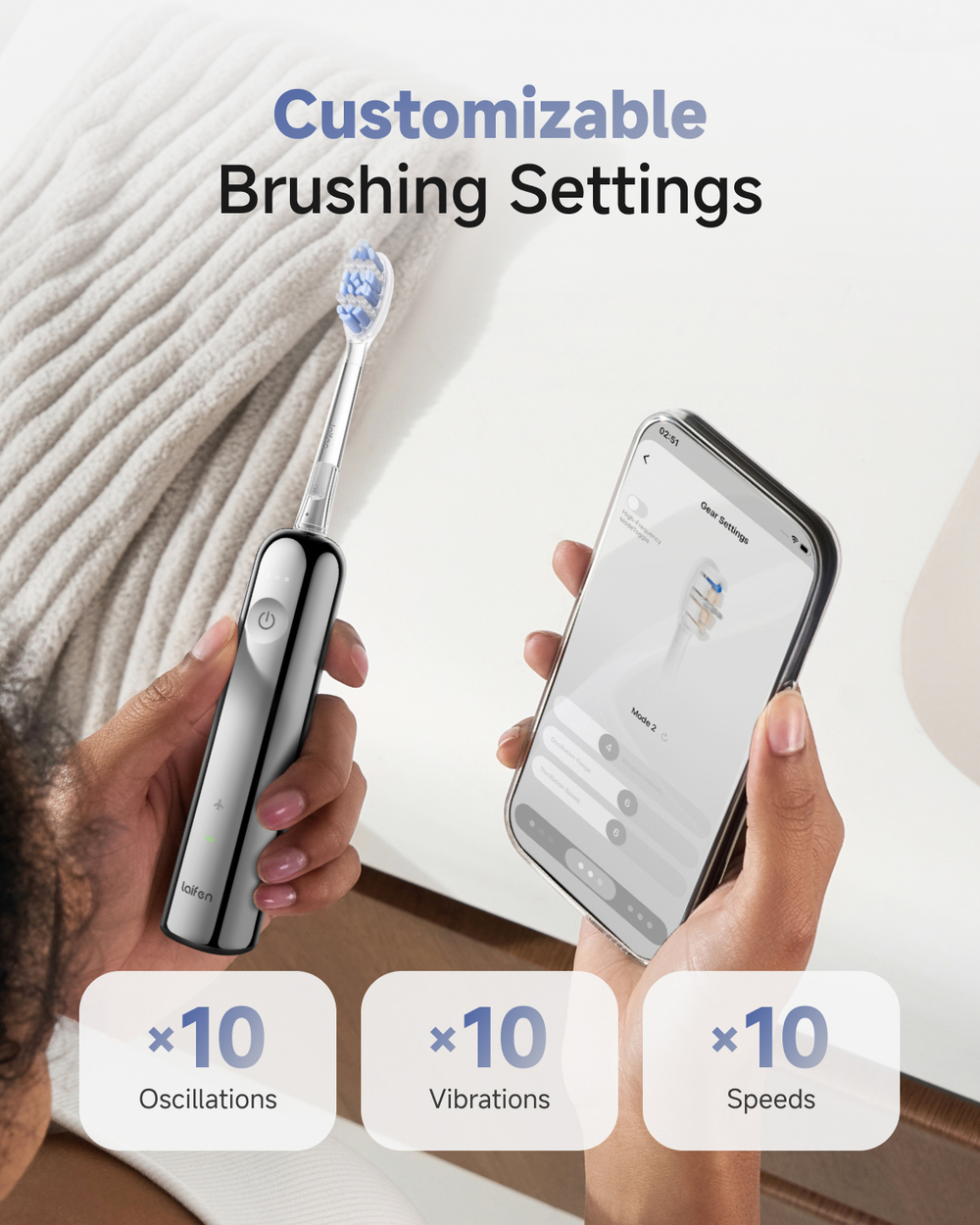 Electric toothbrush with app control, 10 oscillations, vibrations, and speeds.