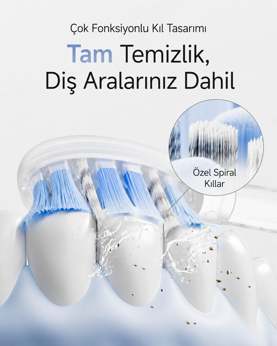 Diş fırçası mavi kıllar ve su ile dişleri temizler. Yakın çekim.