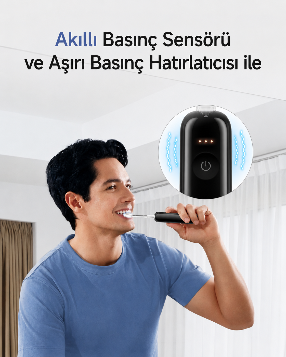Bir adam siyah elektrikli diş fırçasıyla dişlerini fırçalıyor.
