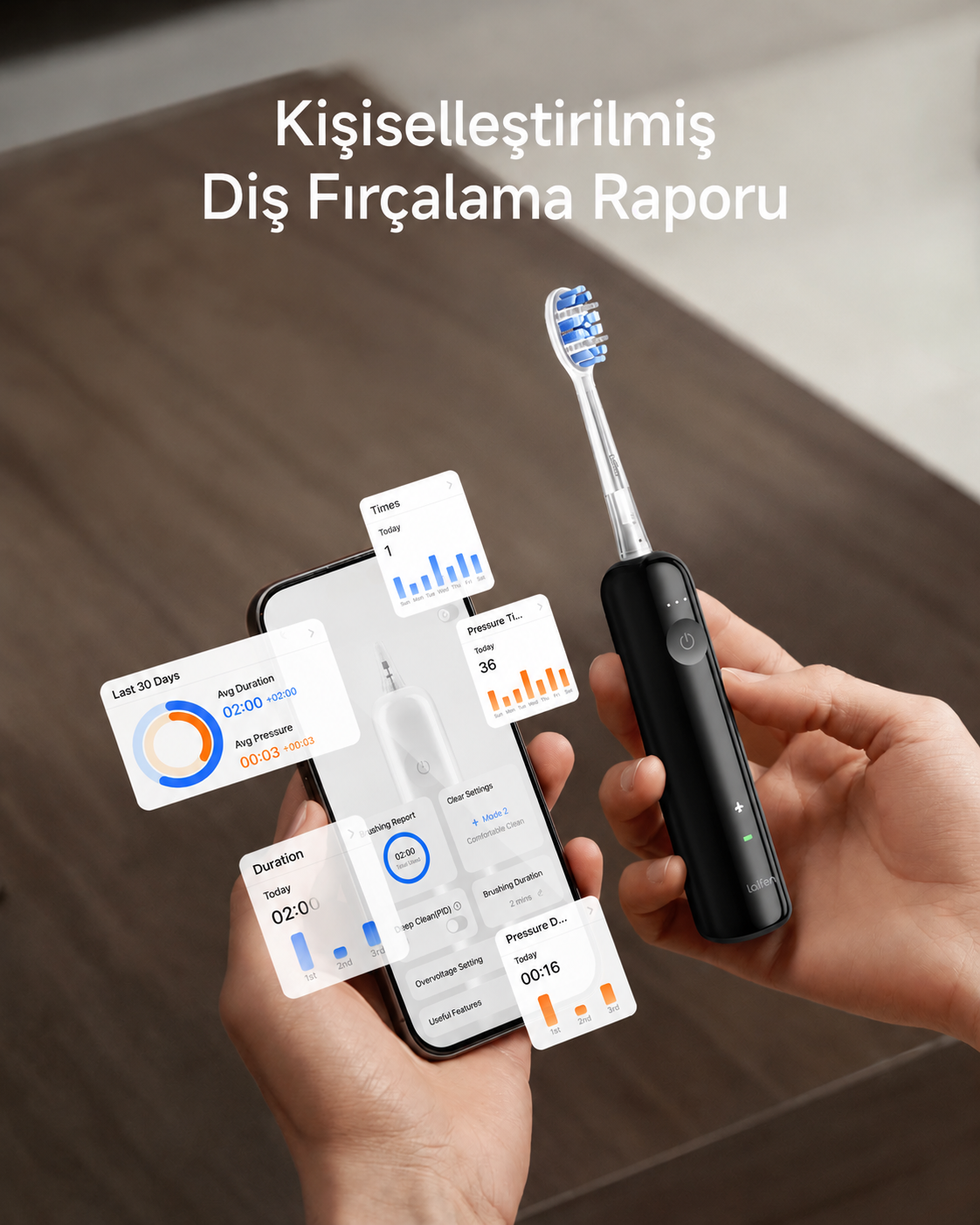 Kişi, diş fırçası uygulamalı akıllı telefon ve elektrikli diş fırçası tutuyor.