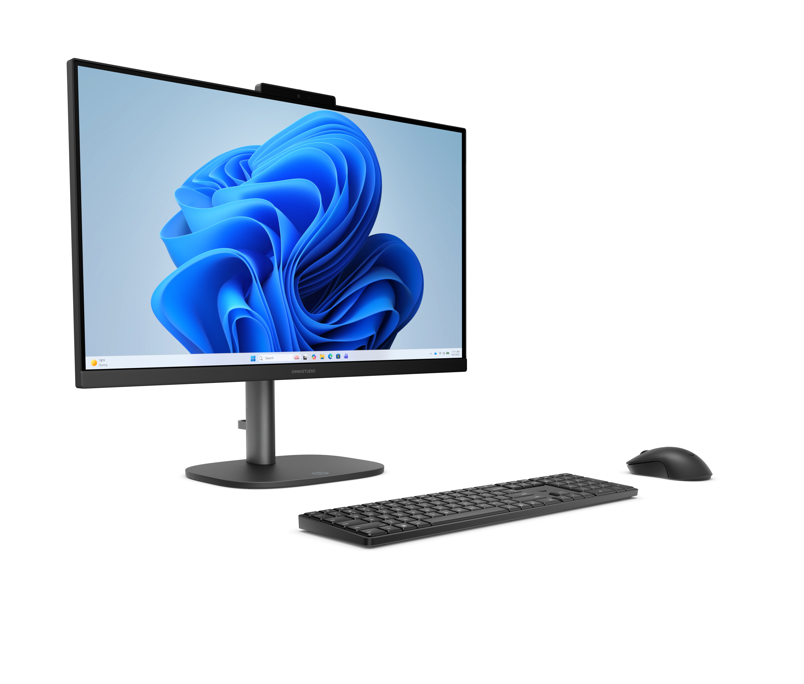 Een moderne all-in-one computer met zwart toetsenbord en muis op witte achtergrond.