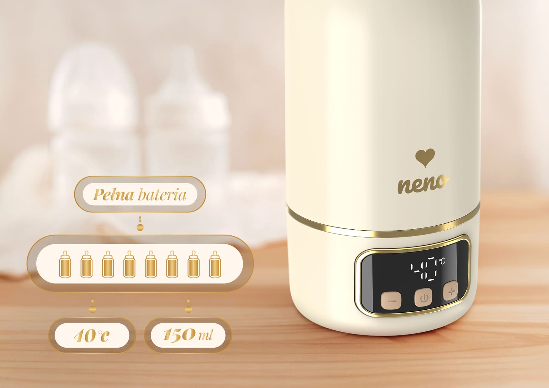 Krem rengi biberon ısıtıcı, ekranında 40 derece gösteriyor. Solda tam pil ve 150 ml simgeleri var.