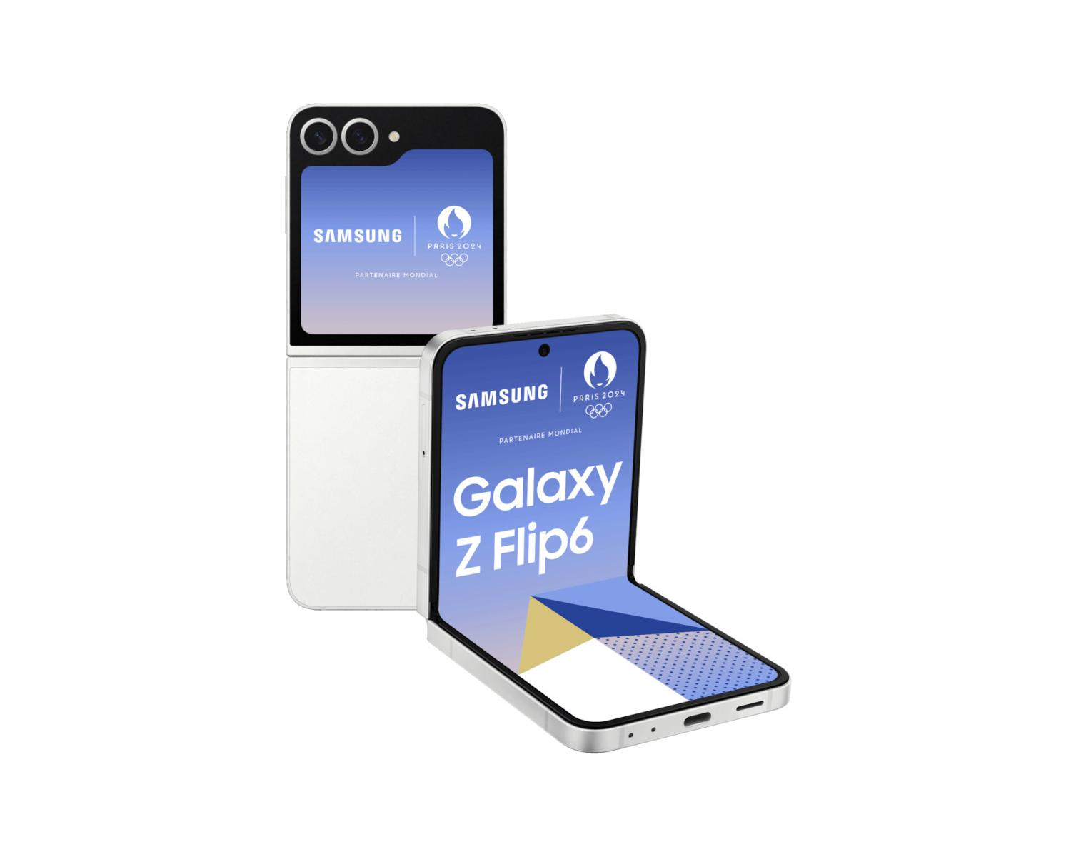 Ein Samsung Galaxy Z Flip6 in Weiß, teilweise geöffnet, mit Paris 2024 Logo.