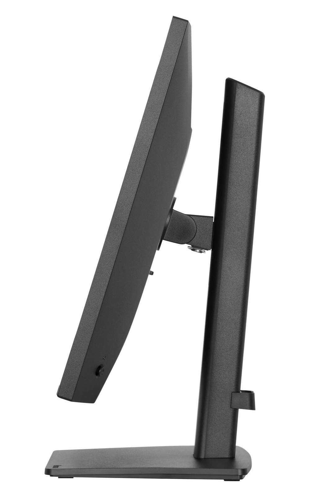 Schwarzer Computermonitor auf einem Sockel, Seitenansicht.