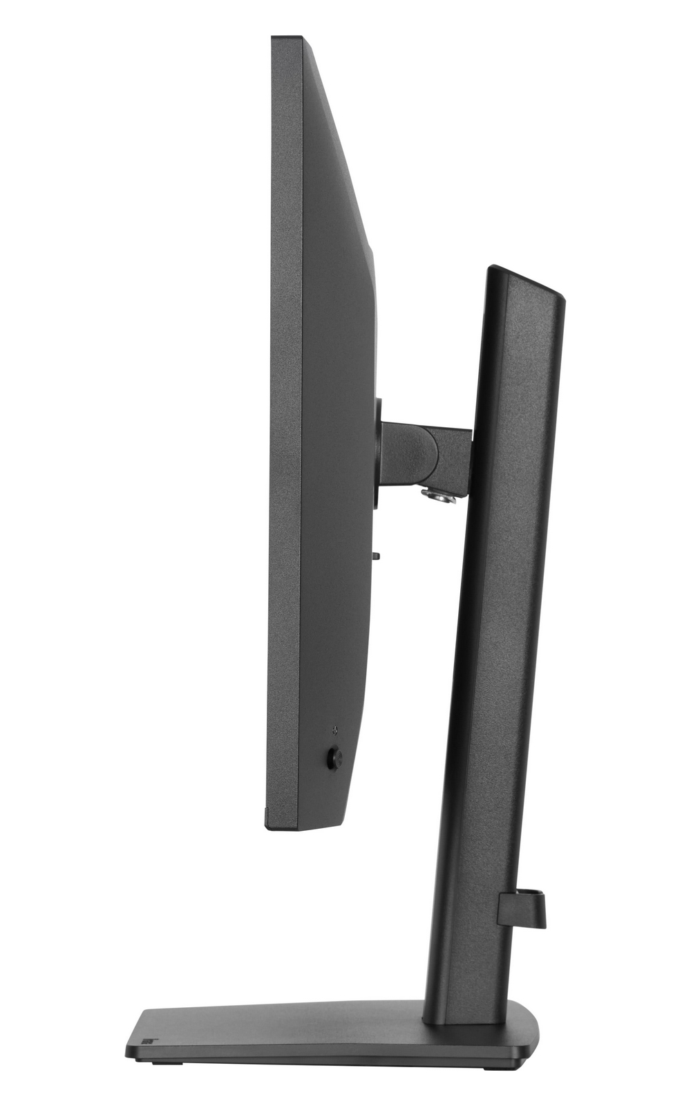 Zwarte computermonitor van de zijkant met standaard op witte achtergrond.