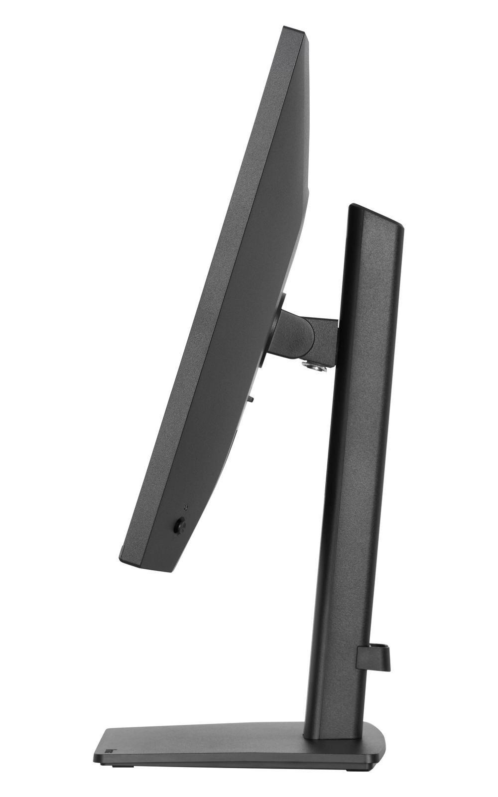 Zijaanzicht van een zwarte computermonitor op zijn standaard tegen een witte achtergrond.