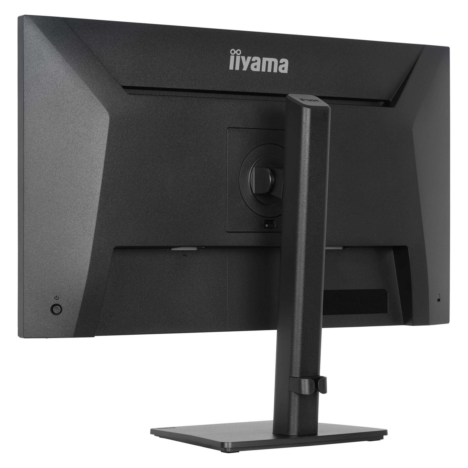 Vista posteriore di un monitor iiyama nero con supporto e porte.
