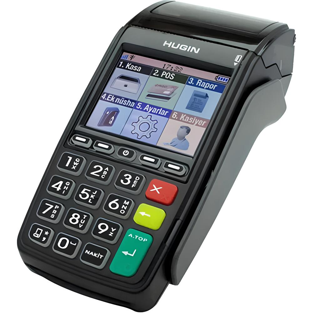Tuş takımı, ekran ve kart yuvası bulunan siyah bir Hugin POS cihazı.