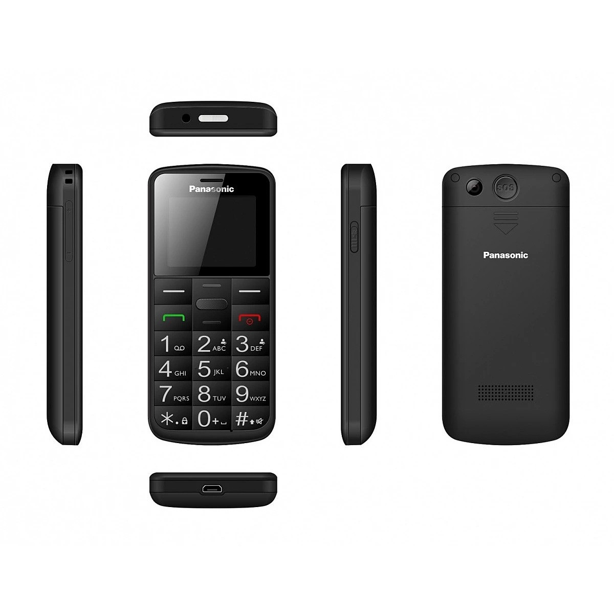 Ein schwarzes Panasonic-Handy wird von allen Seiten gezeigt, mit Tasten und SOS-Knopf.