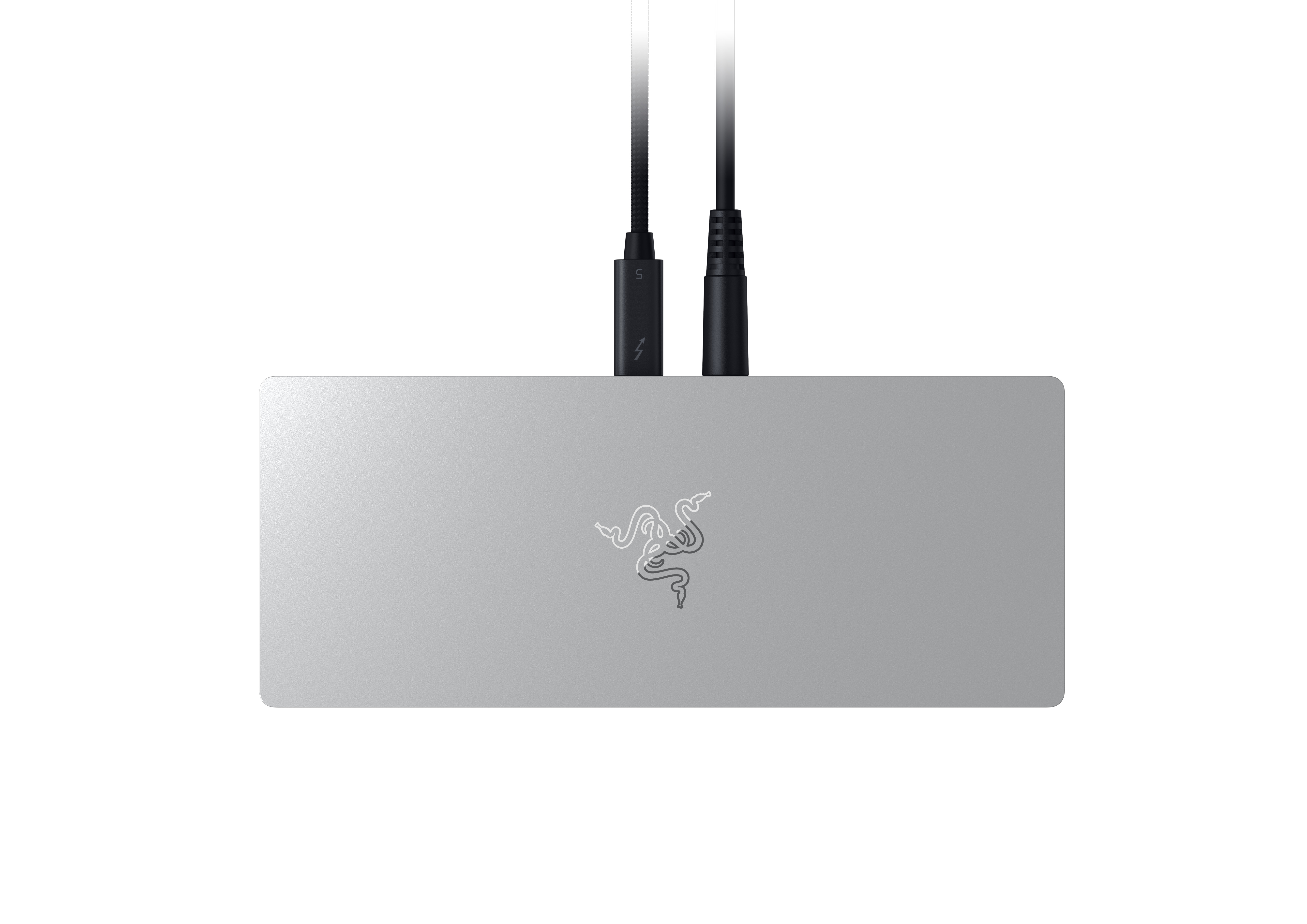 Zilverkleurige Razer dock met twee zwarte kabels en Thunderbolt-logo.
