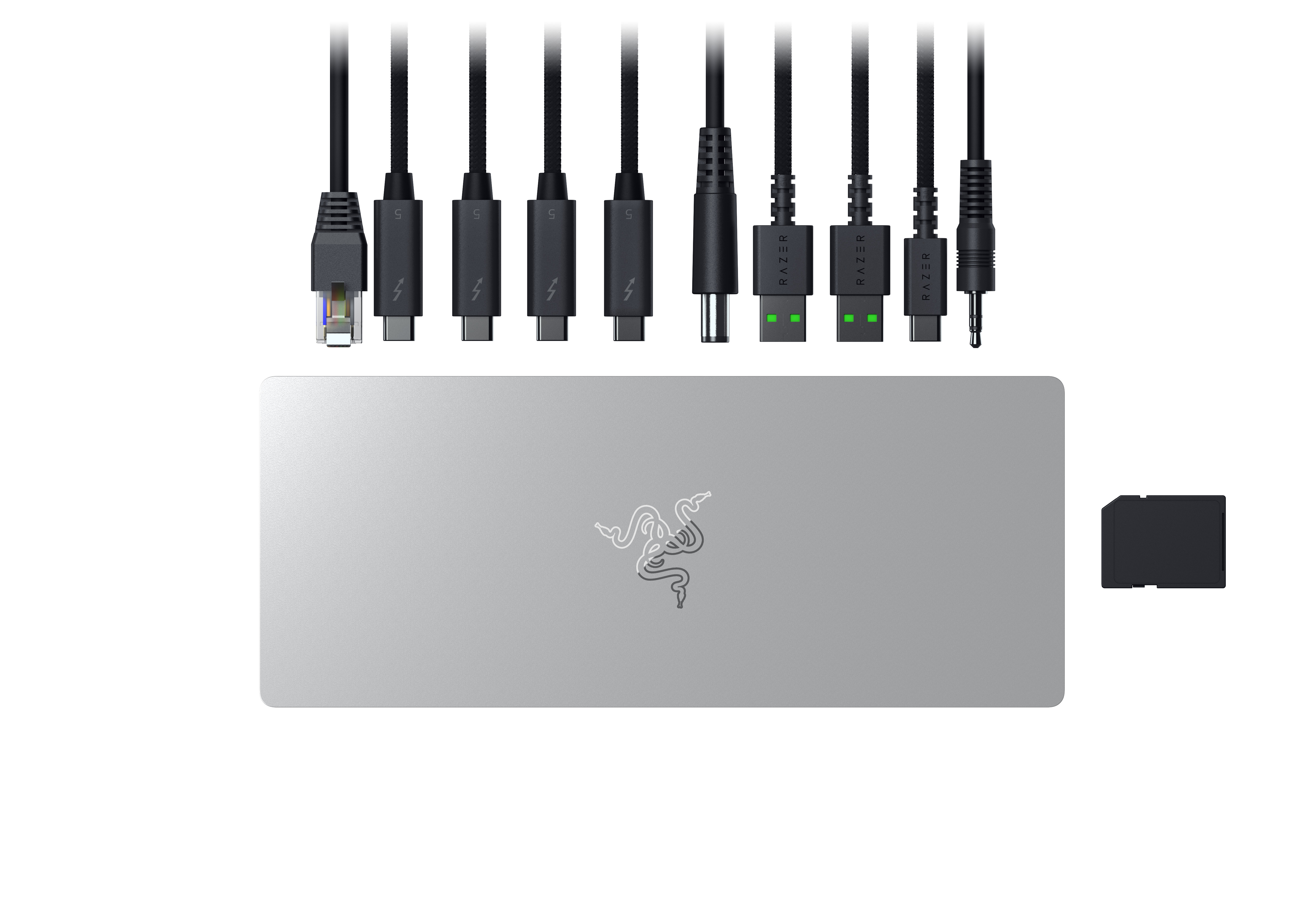 Zilveren dock met meerdere kabels en een voedingsadapter. Razer-logo aan de voorzijde.