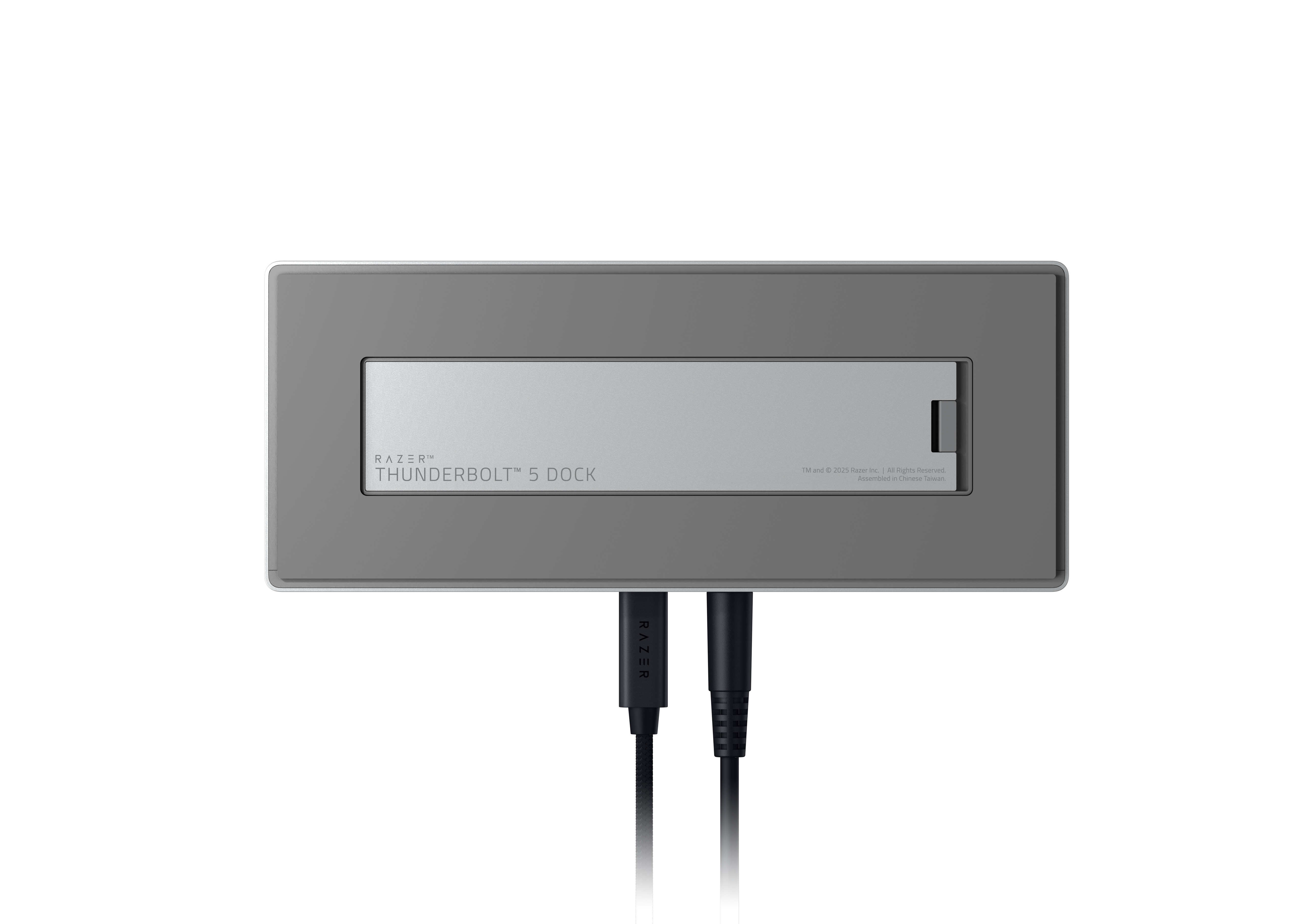 Grijze Razer Thunderbolt 5 dock met zwarte kabels.