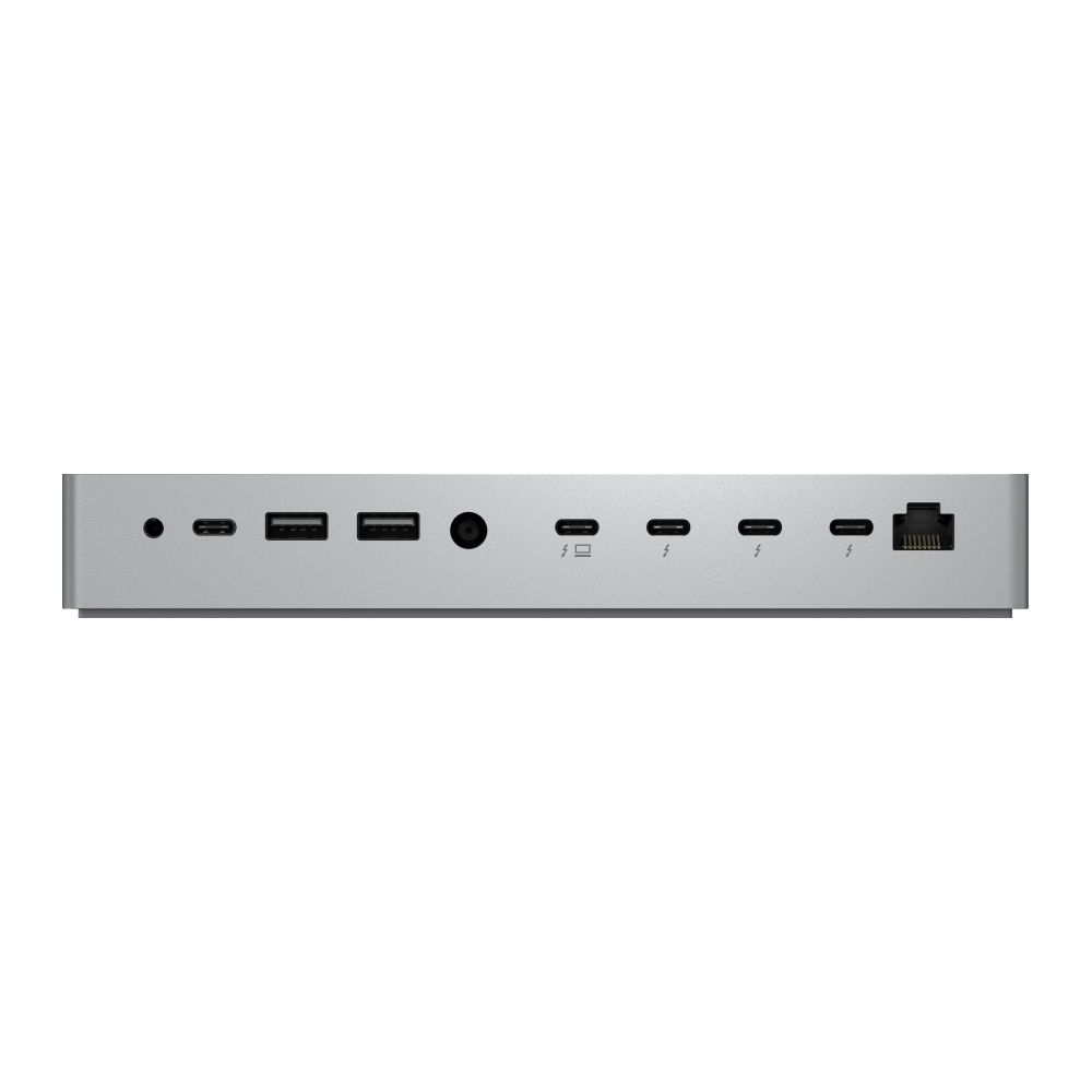 Zilveren dock met poorten: USB-C, USB-A, audiostekker, Thunderbolt en Ethernet.