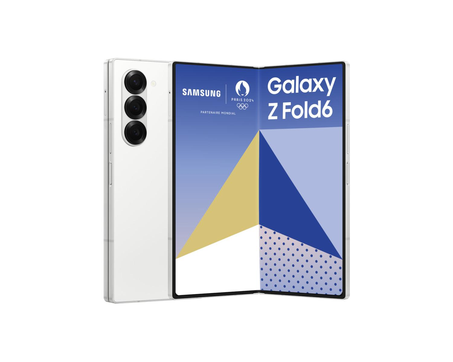 Ein weißes Samsung Galaxy Z Fold6 mit Paris 2024 Logo auf dem Bildschirm.