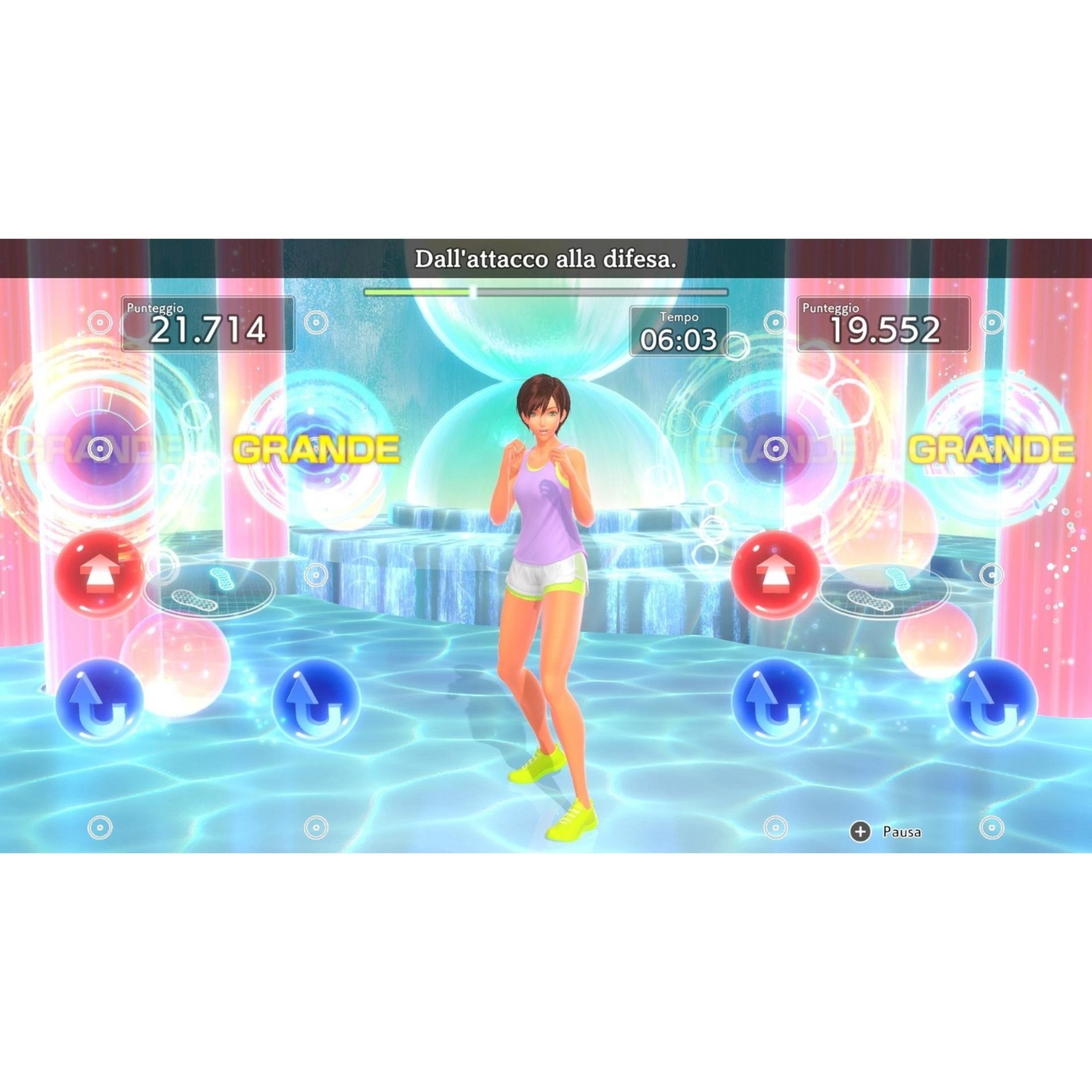 Un personaggio anime in abbigliamento sportivo si trova su una superficie d'acqua blu con elementi luminosi.