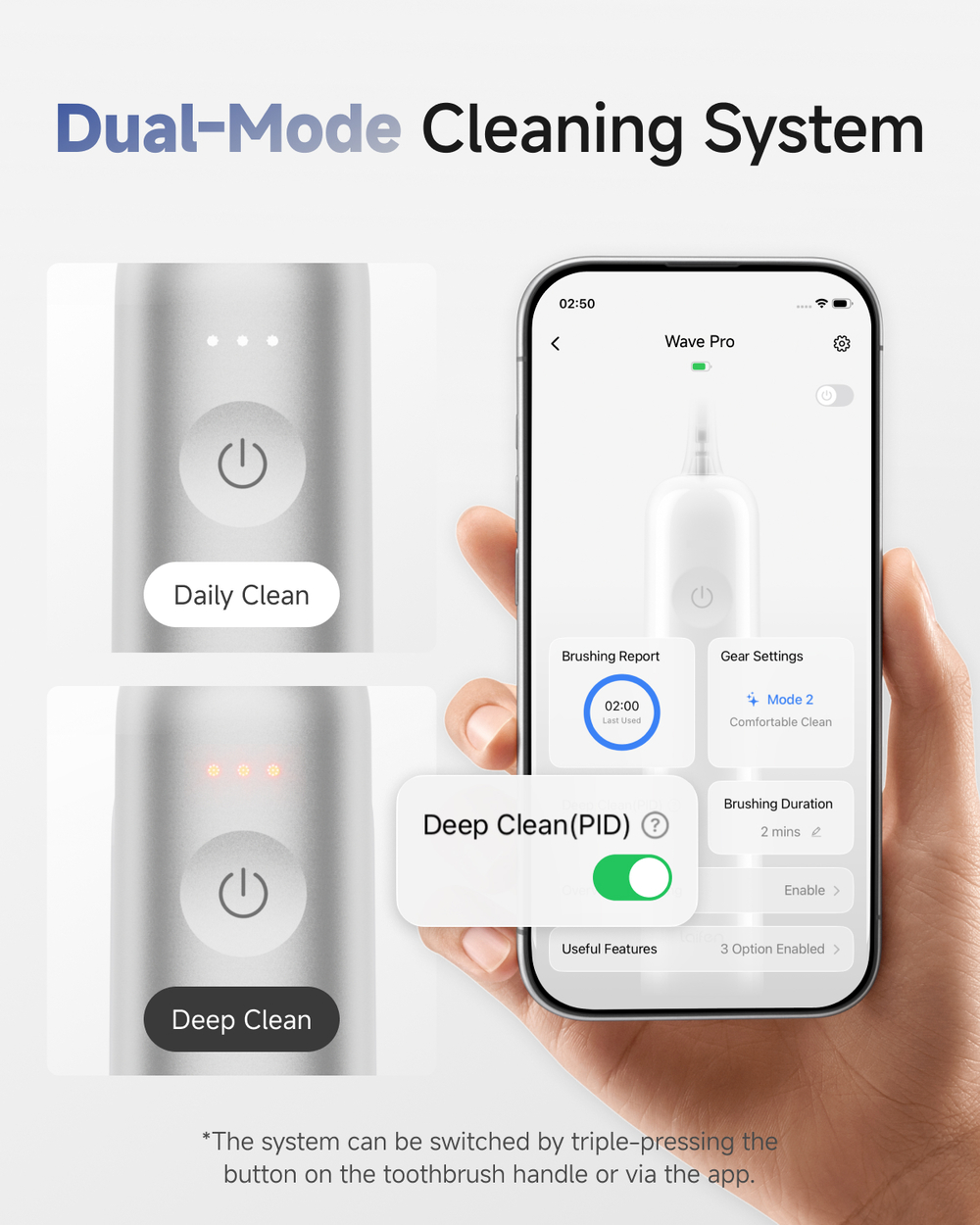 Due spazzolini elettrici, uno con "Daily Clean", uno con "Deep Clean" e un'app.