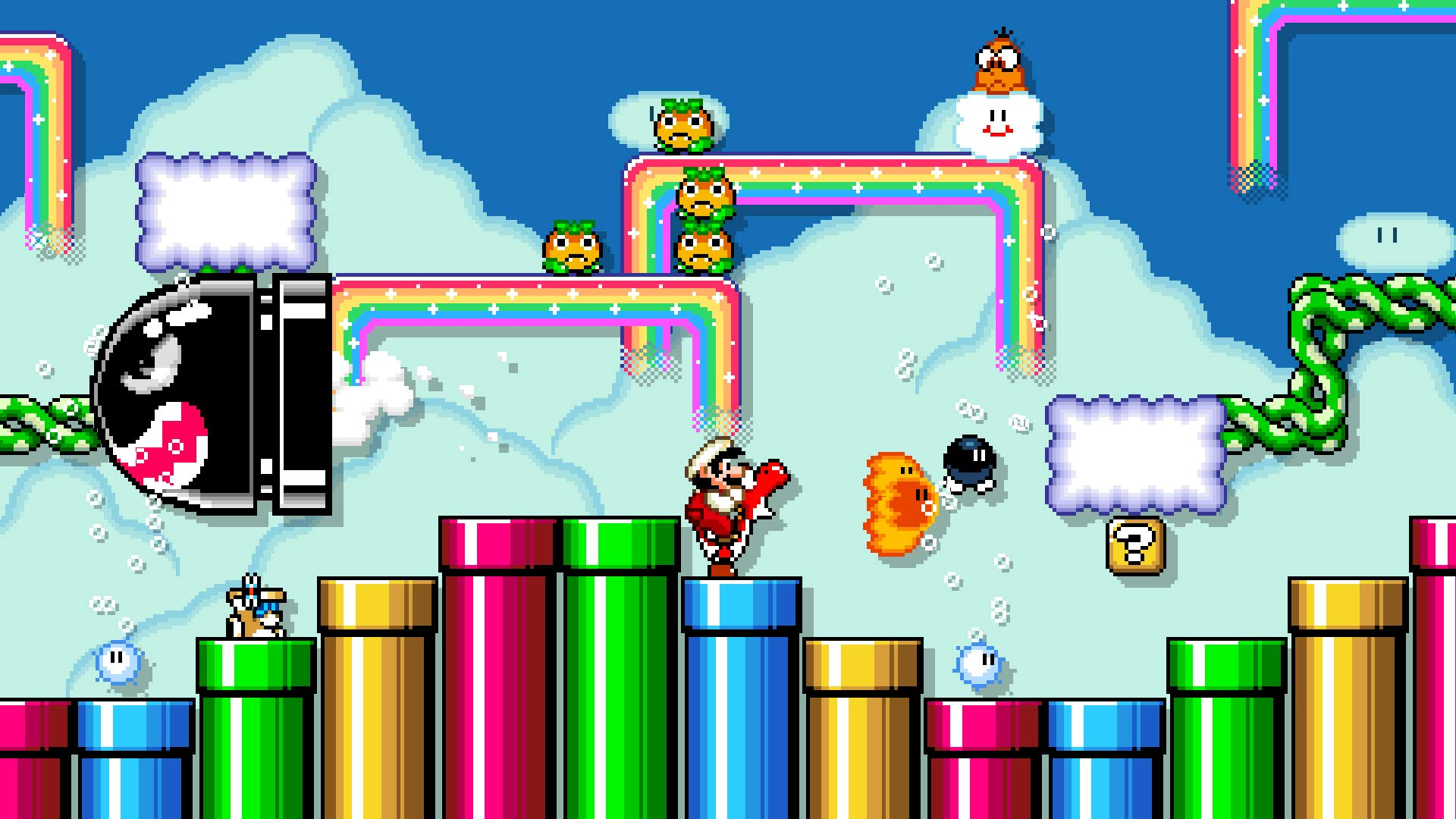Mario su sentieri arcobaleno con nemici e tubi nel cielo.
