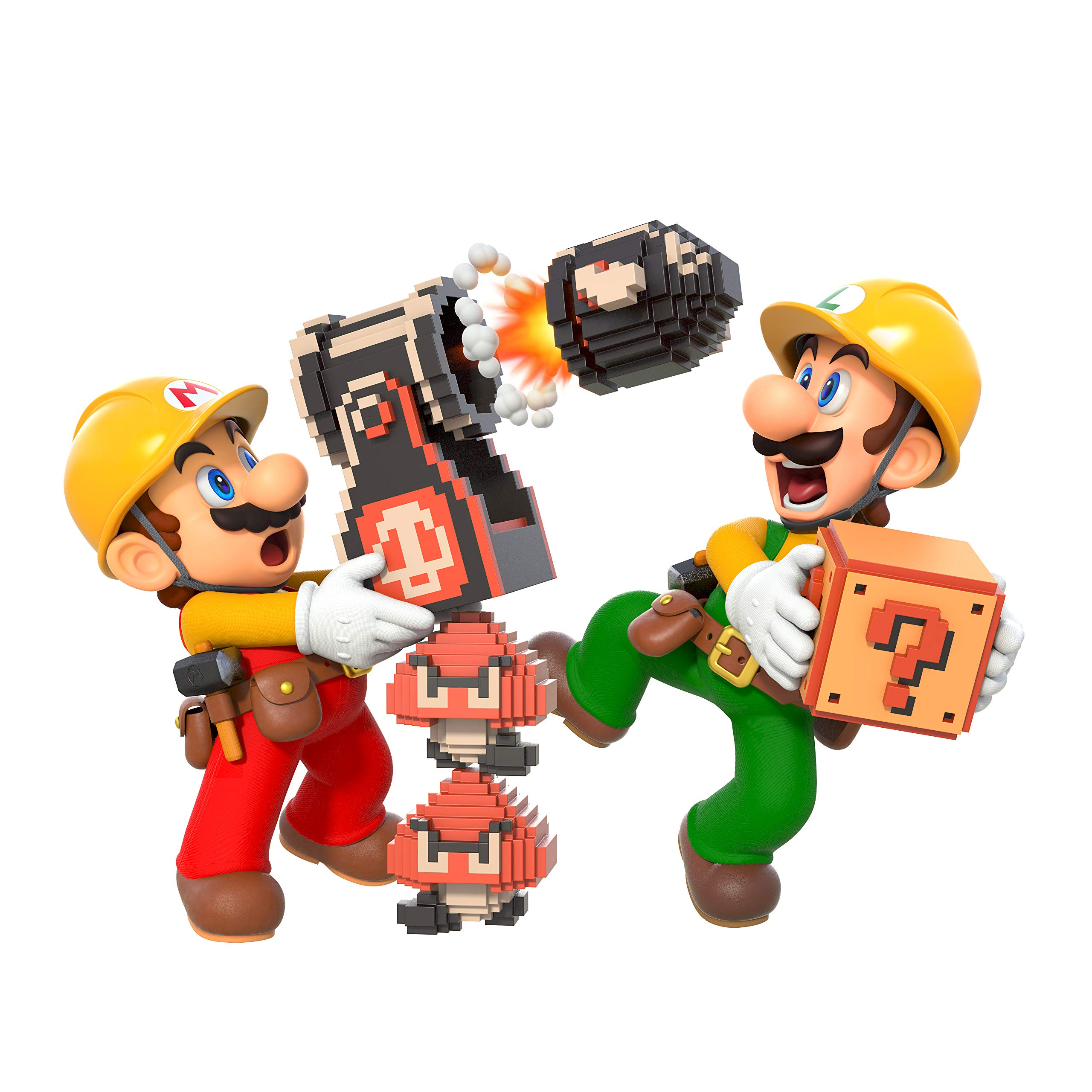 Mario e Luigi in tenuta da cantiere interagiscono con funghi pixelati e un blocco punto interrogativo.