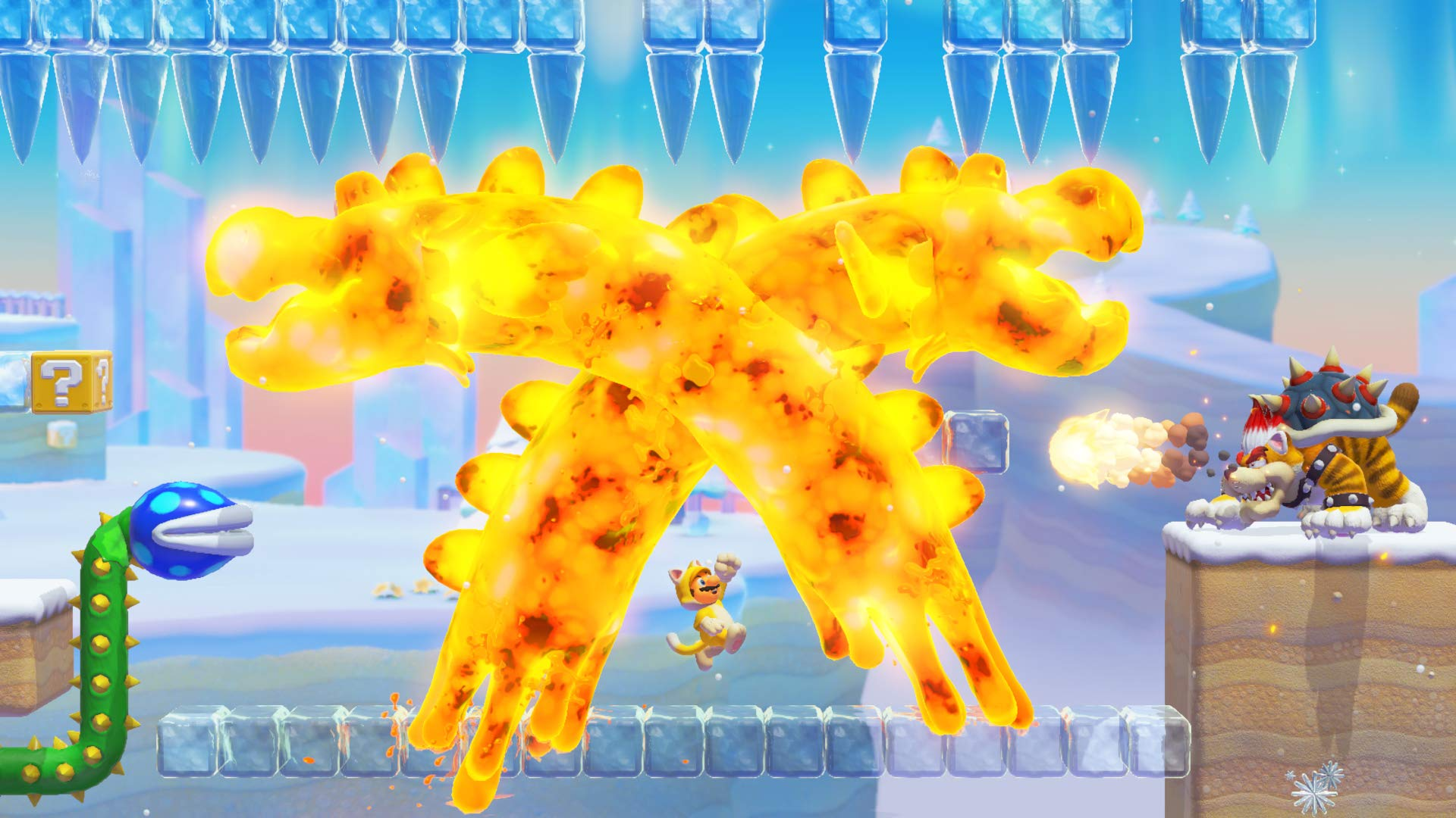 Un personaggio simile a un gatto salta tra due teste di drago fiammeggianti, con un nemico simile a Bowser a destra.