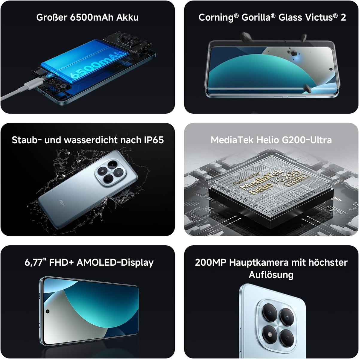Telefonmerkmale: großer Akku, IP65, AMOLED-Display, MediaTek-Chip, Gorilla Glass.