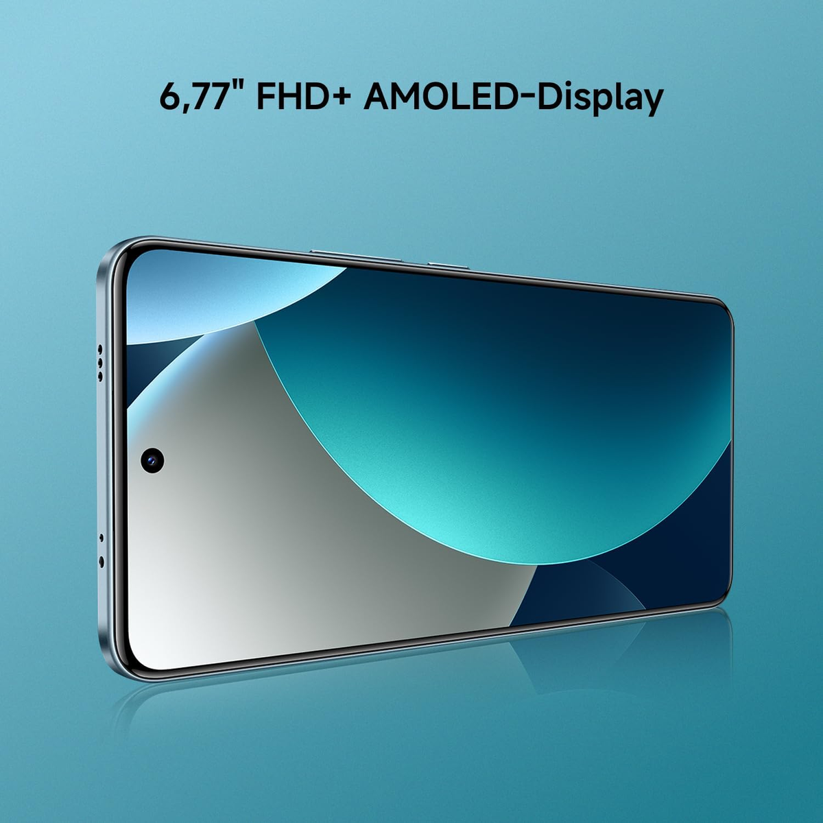 Ein Smartphone mit einem 6,77 Zoll FHD+ AMOLED-Display. Blaue und graue Formen auf dem Bildschirm.