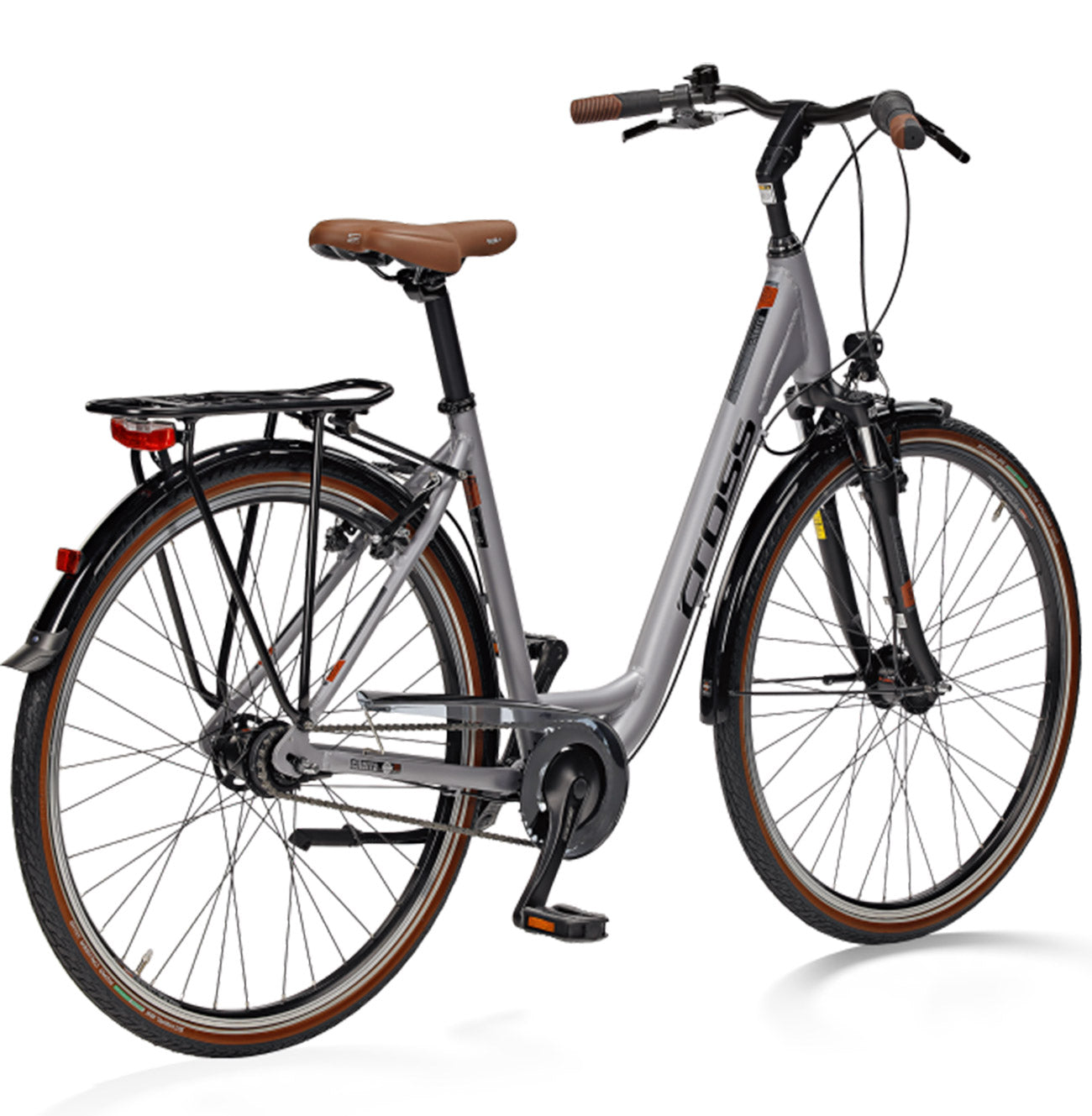 Graues Fahrrad mit braunem Sattel, Gepäckträger und Schutzblechen.