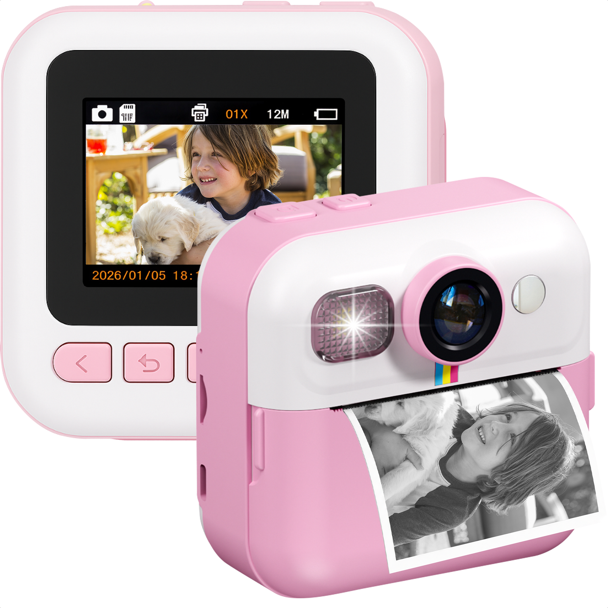 Een roze en witte instant camera toont een kind met hond op scherm en een afgedrukte foto.