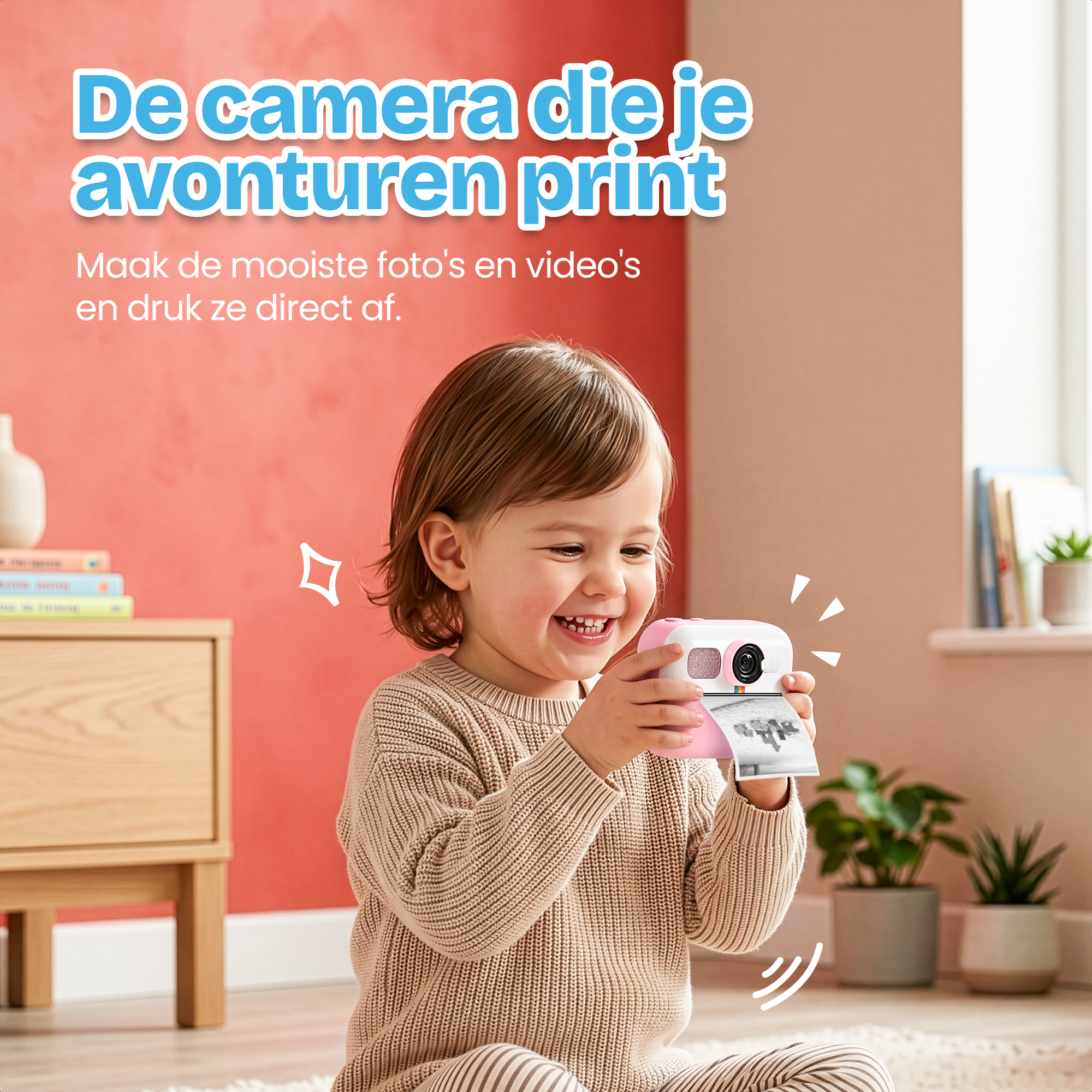 Een lachend kind houdt een roze en witte instant camera vast die een foto print.