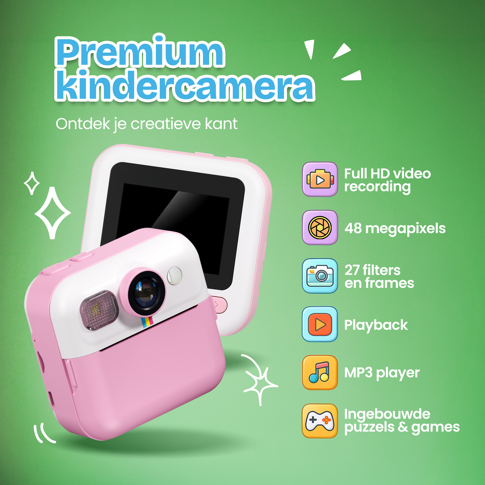 Een roze en witte kinder camera met scherm, met functies als video, MP3 en games.