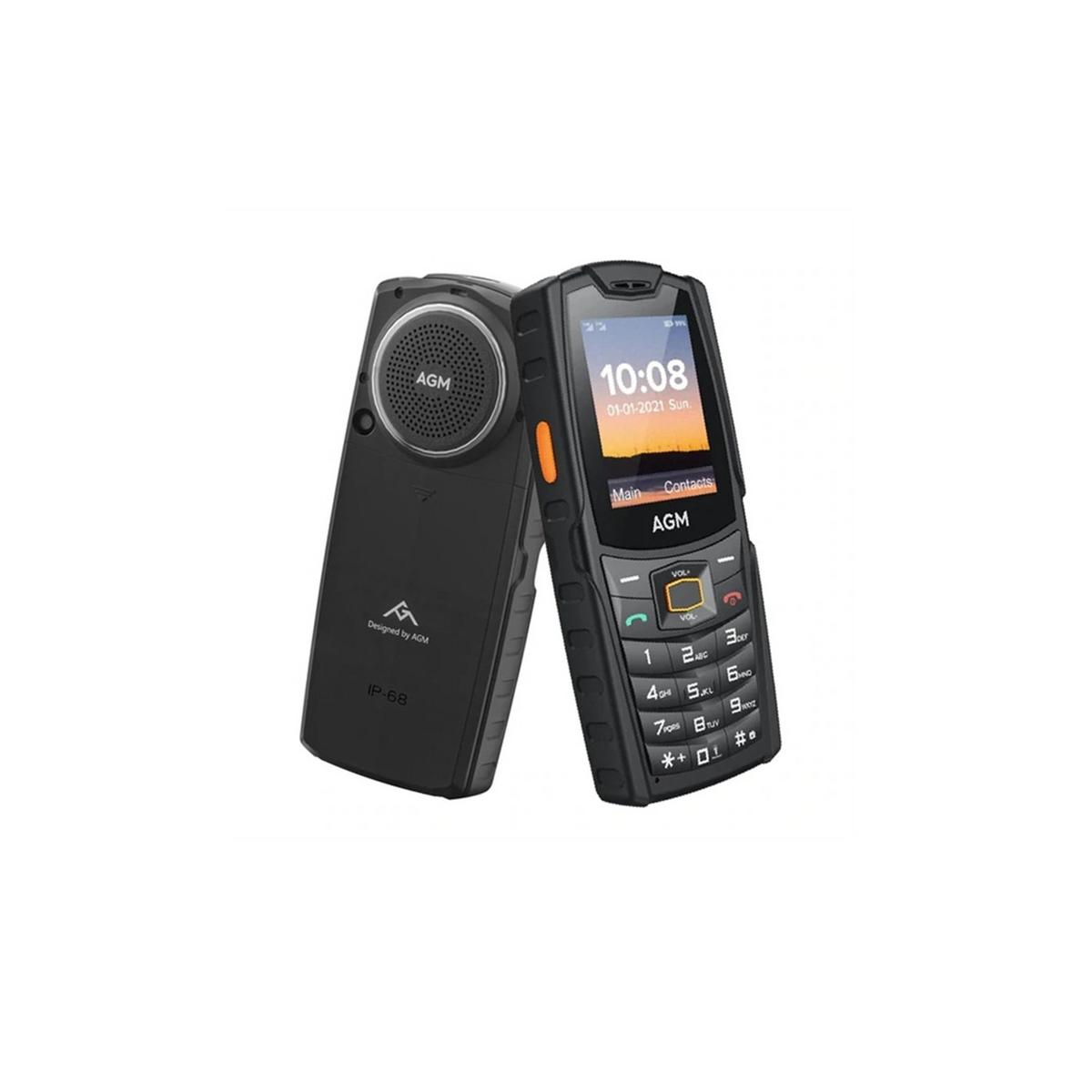 Dos teléfonos AGM negros uno al lado del otro. Uno con altavoz grande, el otro con teclado.