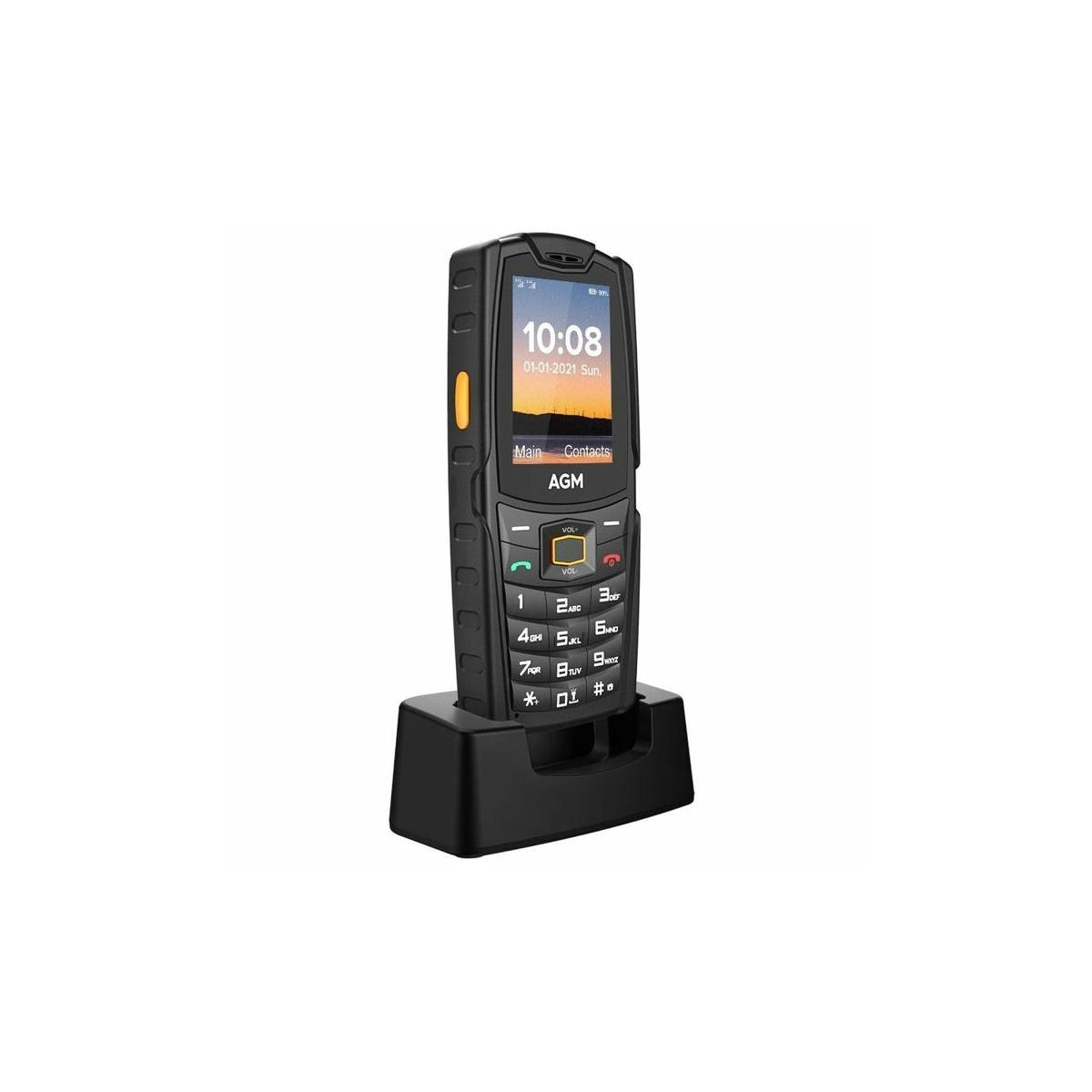 Un teléfono móvil negro AGM con teclado está en una base de carga negra.