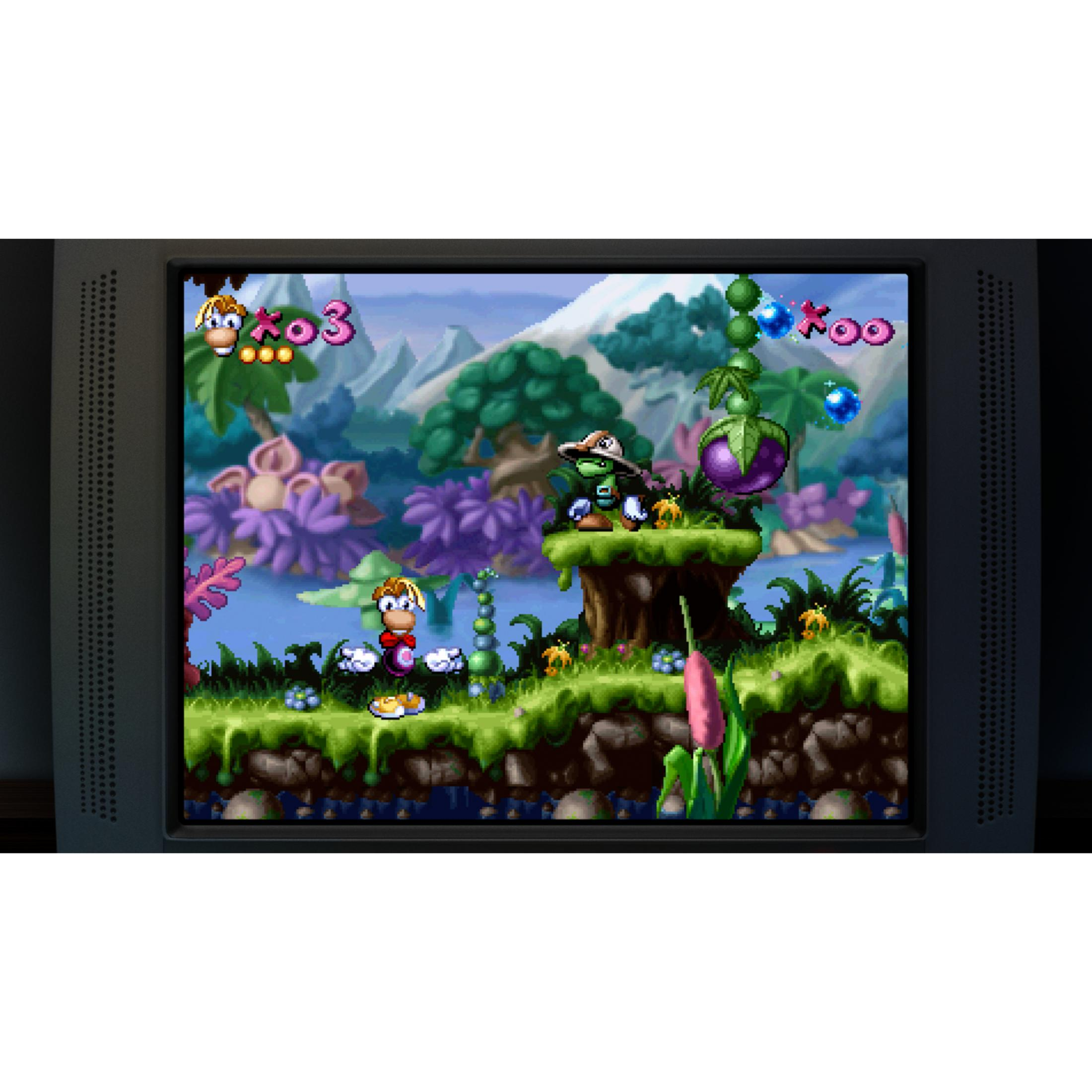 Rayman e un personaggio verde si trovano su una piattaforma verde con fiori viola.