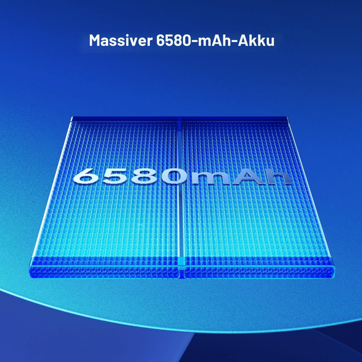 Blauer Hintergrund mit einem großen Akku, 6580 mAh.