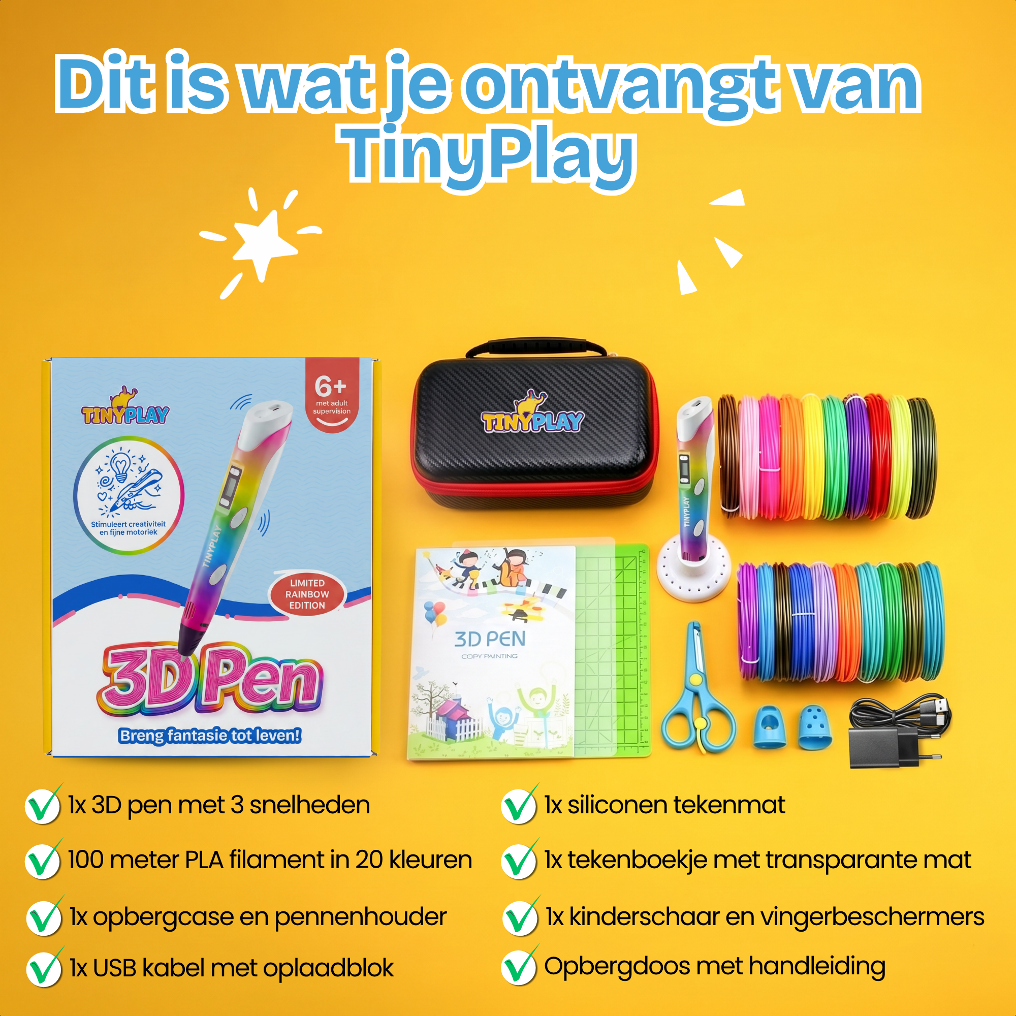 Een 3D-pen set met pen, filamenten, mat, boek en accessoires.