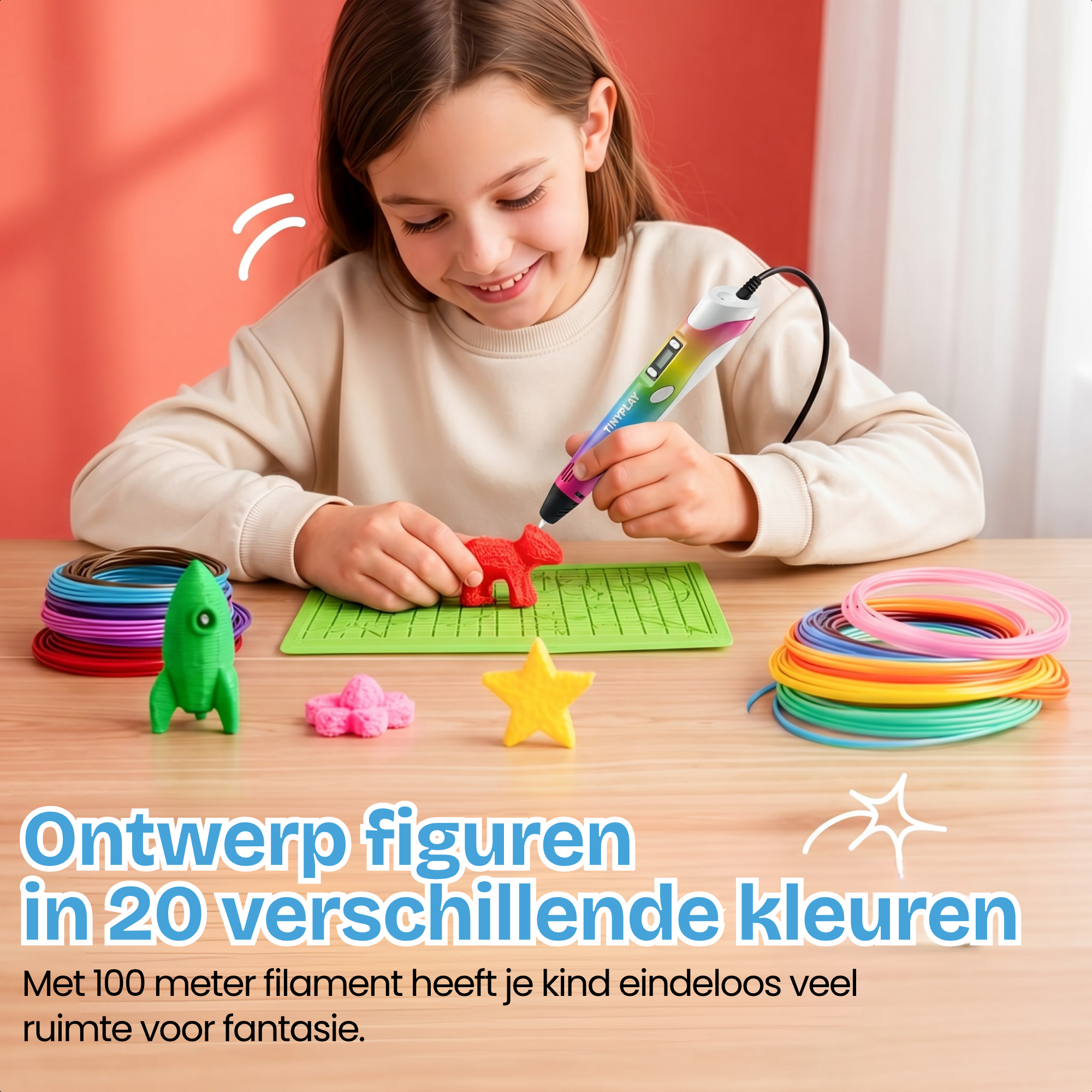 Een meisje gebruikt een 3D-pen om figuren van filament in diverse kleuren te maken.