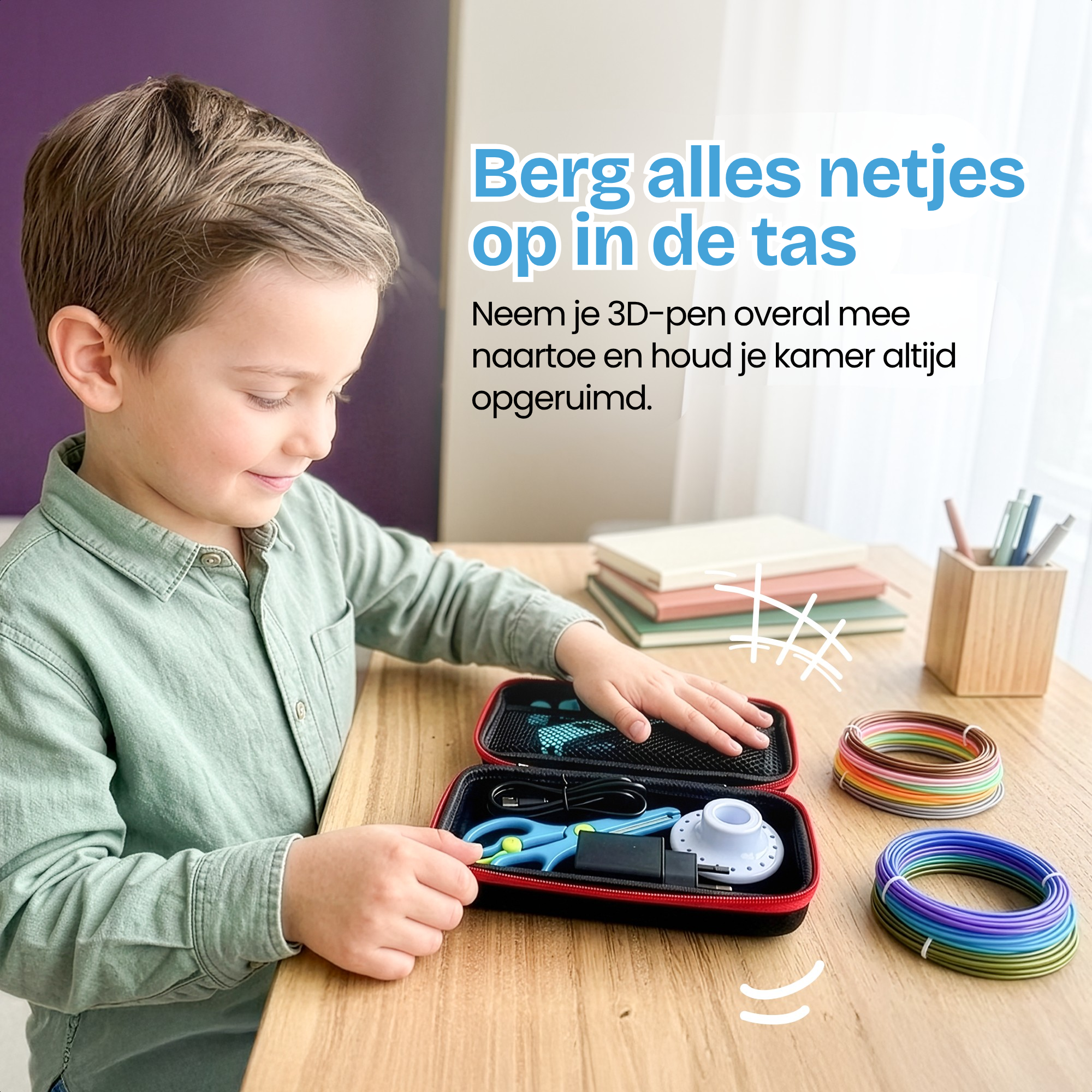 Jongen pakt 3D-pen tas met accessoires, schaar en filamentrollen.