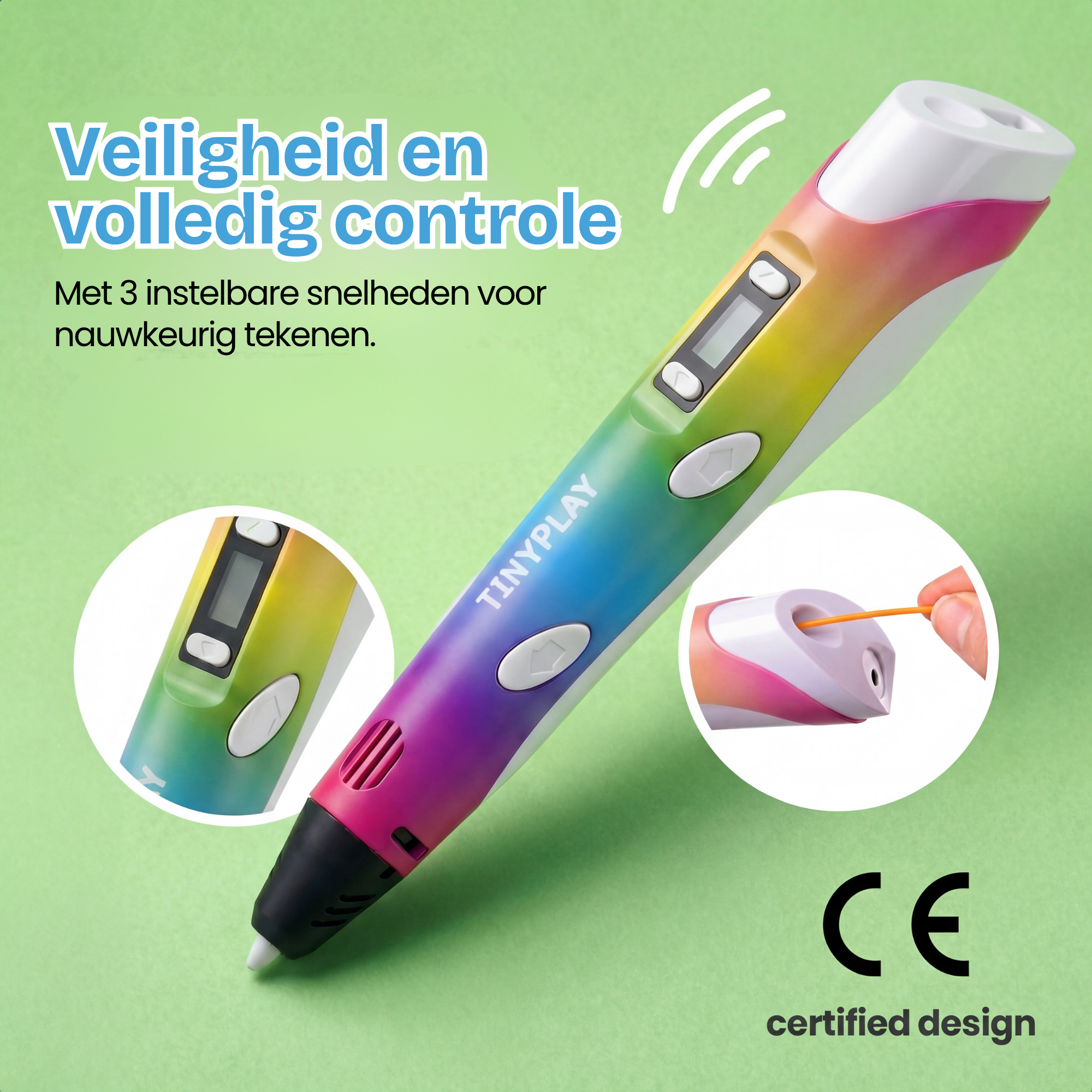 Een kleurrijke 3D-pen met CE-keurmerk. Close-ups tonen details en filamentinvoer.