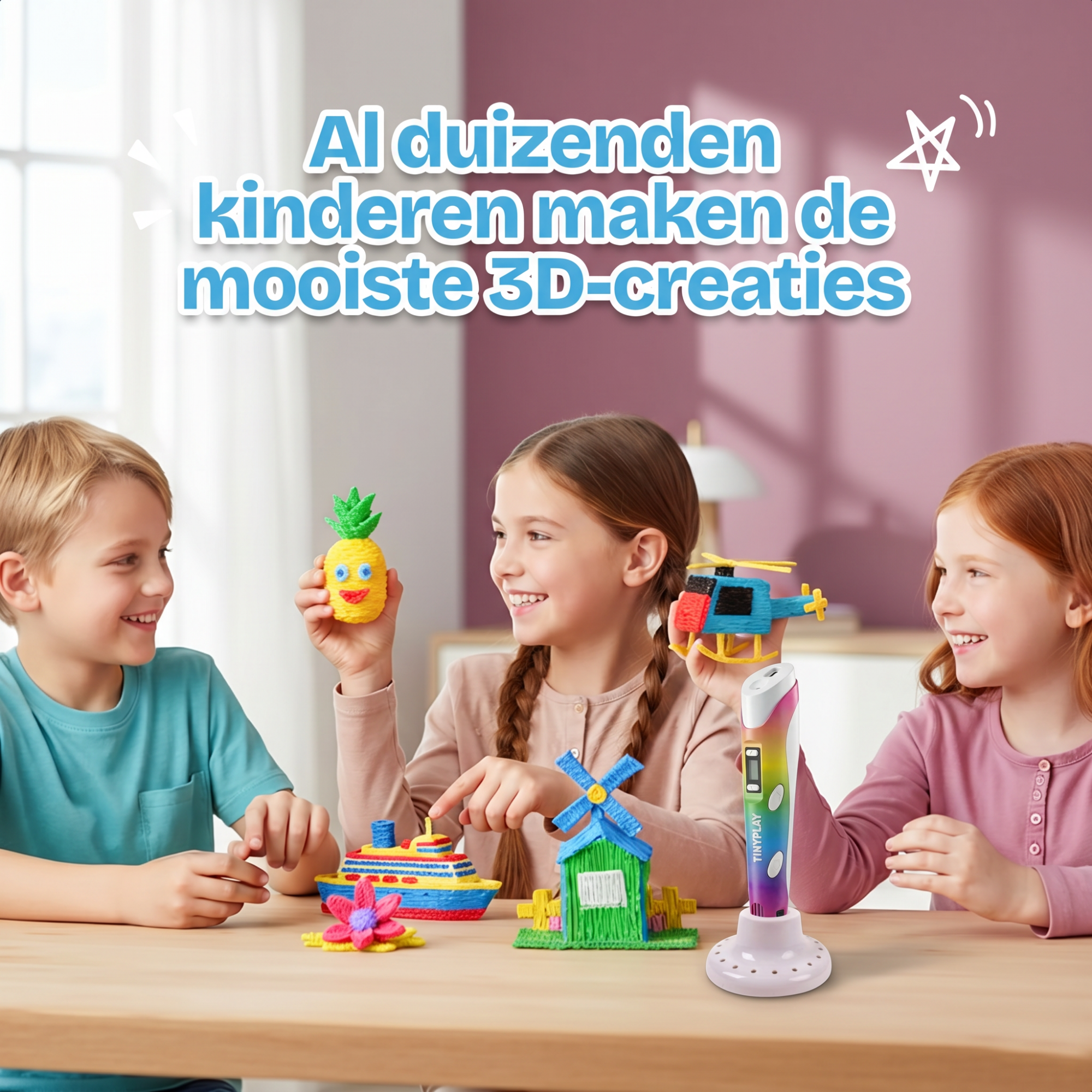 Drie kinderen aan tafel knutselen met een 3D-pen en tonen hun creaties.