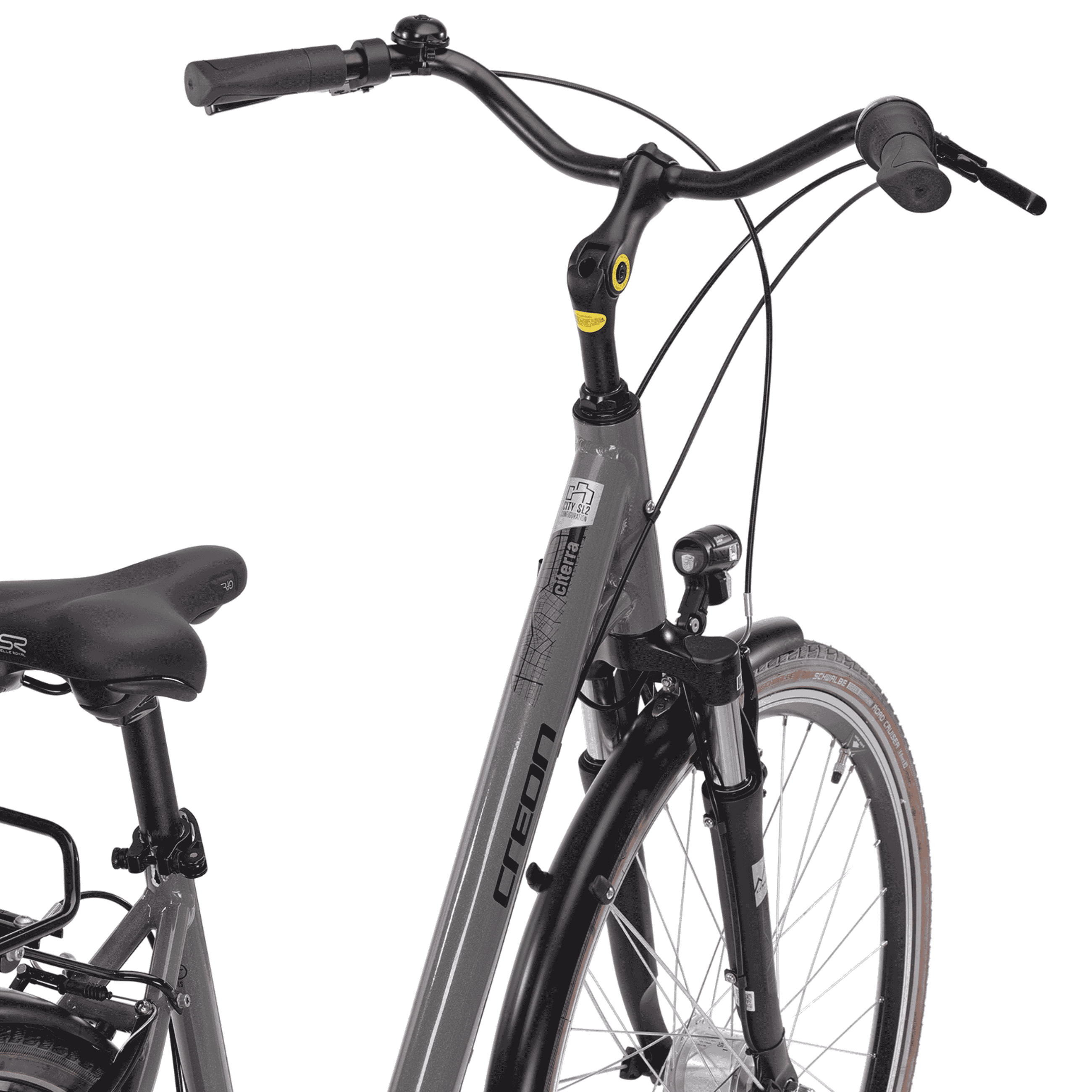 Graues Fahrrad mit schwarzem Sattel, Lenker, Schutzblechen und Reifen.